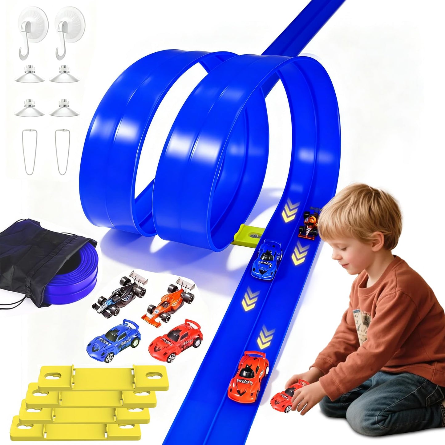 Vlkslasy 20ft Flexible Race Track with 4 Cars — Portable DIY Ramp, Suction Cups, Ages 3+