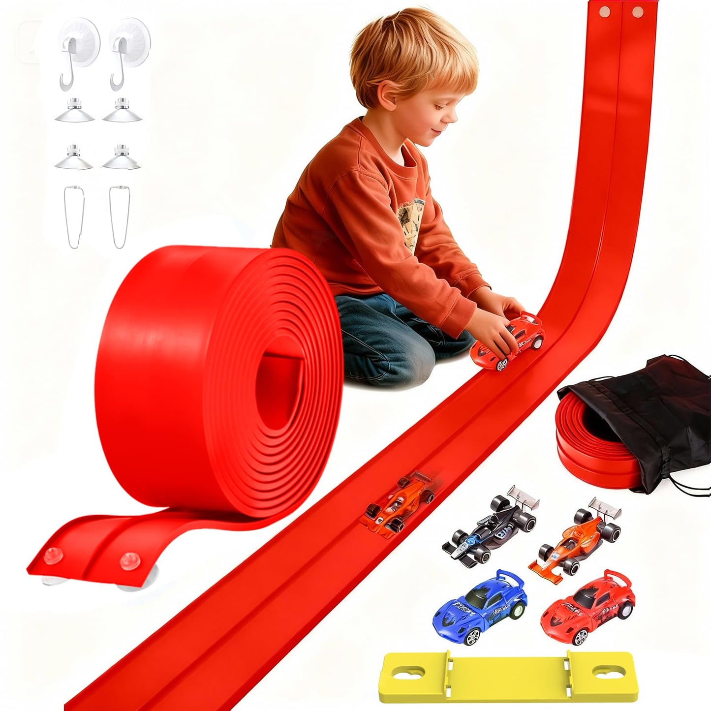 Vlkslasy Flexible Race Track Toys — 20 ft Roll-Up DIY Racetrack with Suction Cups and 4 Cars