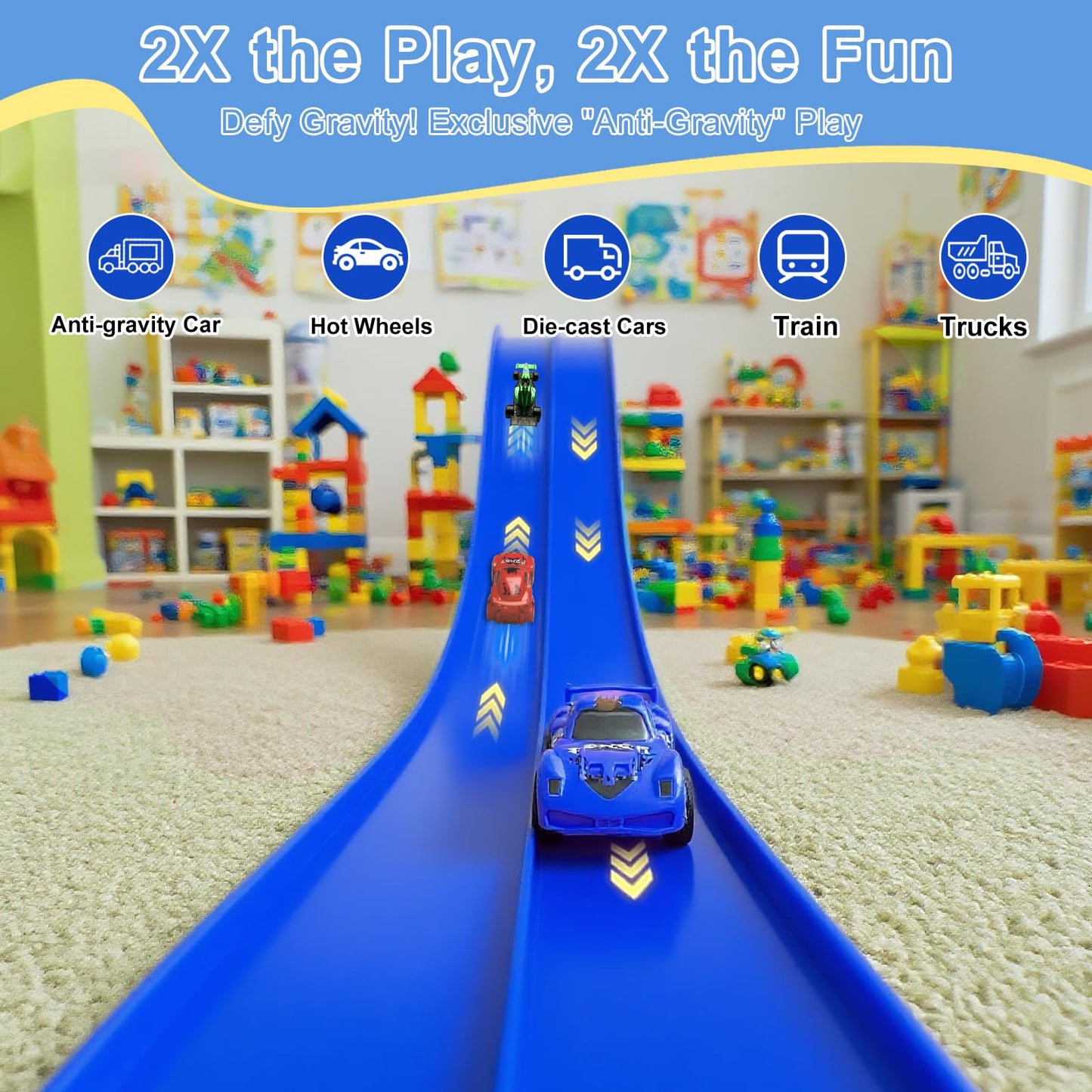 Vlkslasy 20ft Flexible Race Track with 4 Cars — Portable DIY Ramp, Suction Cups, Ages 3+