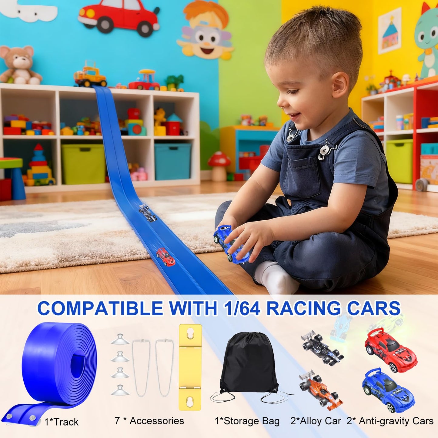 Vlkslasy 20ft Flexible Race Track with 4 Cars — Portable DIY Ramp, Suction Cups, Ages 3+