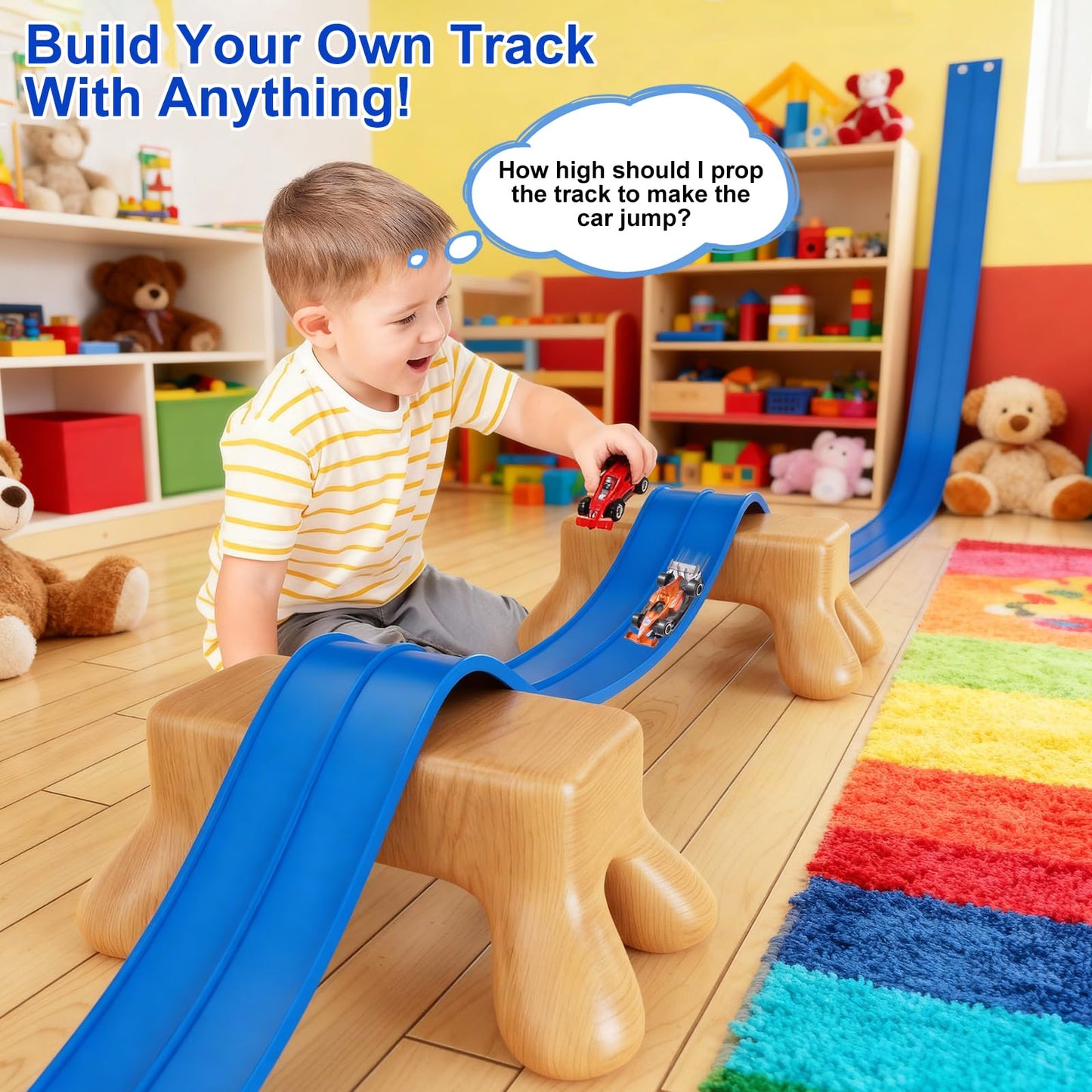 Vlkslasy 20ft Flexible Race Track with 4 Cars — Portable DIY Ramp, Suction Cups, Ages 3+