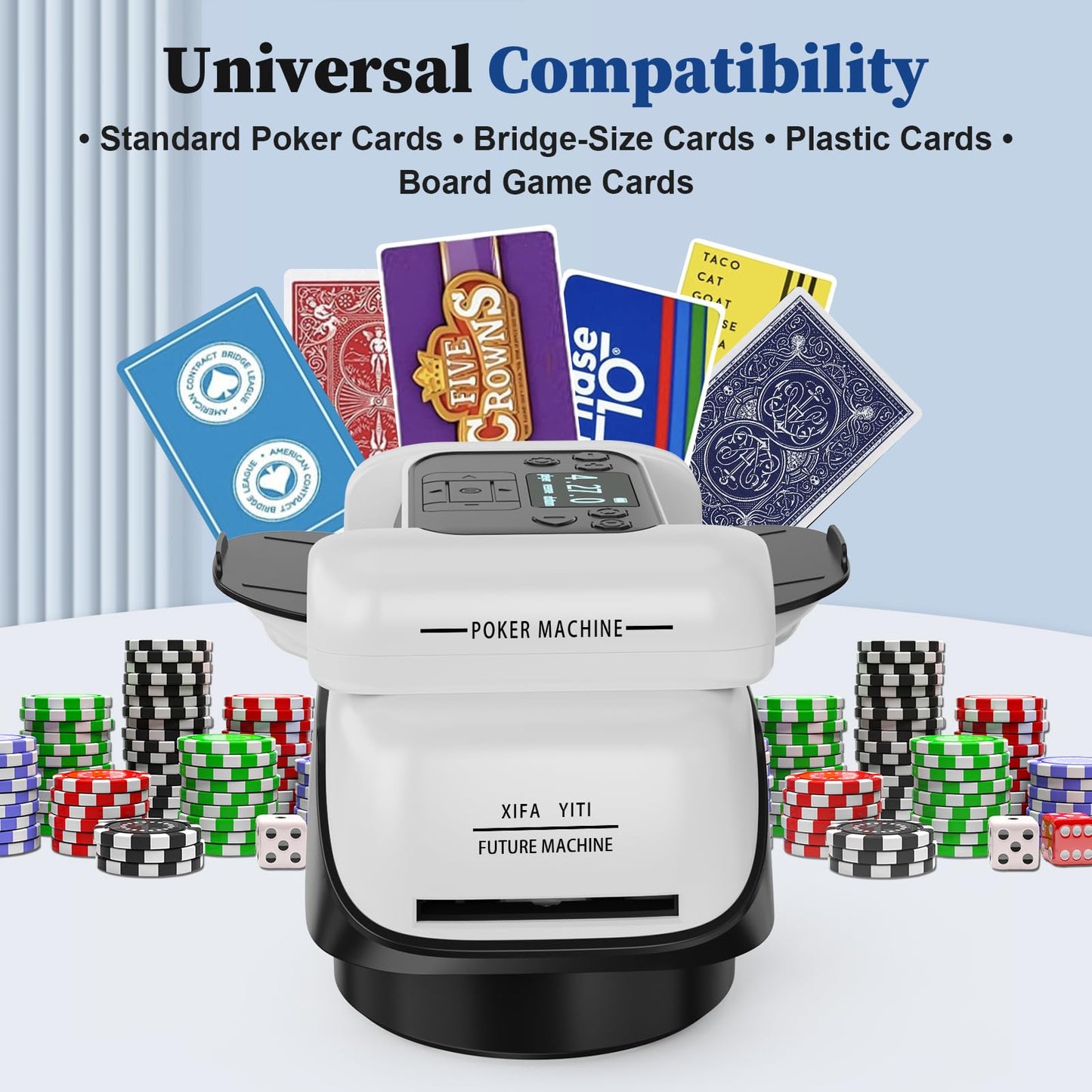 Vlkslasy 2-in-1 Automatic Card Shuffler & Dealer for 1-2 Decks, 4 Remotes, 8 Players, White