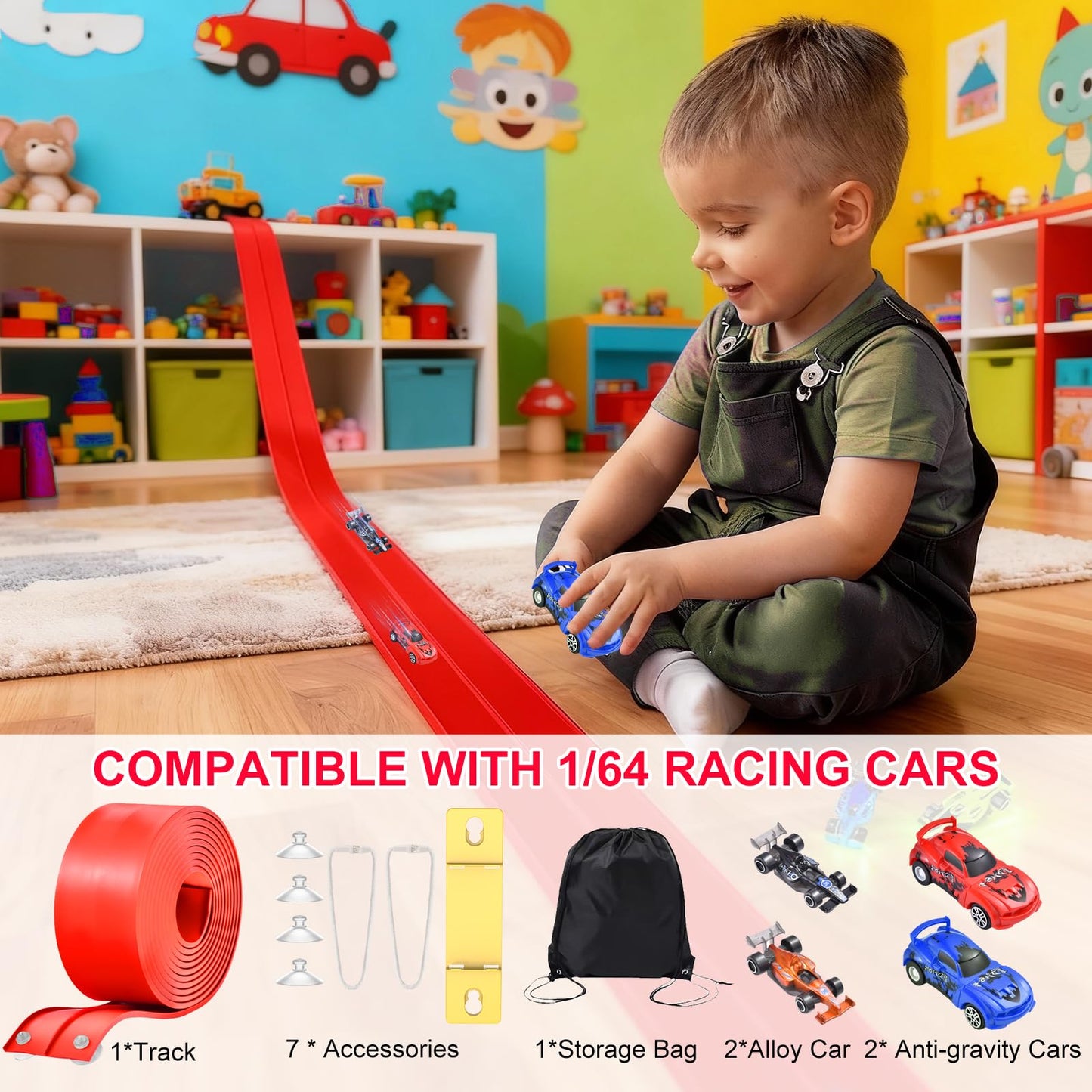 Vlkslasy Flexible Race Track Toys — 20 ft Roll-Up DIY Racetrack with Suction Cups and 4 Cars