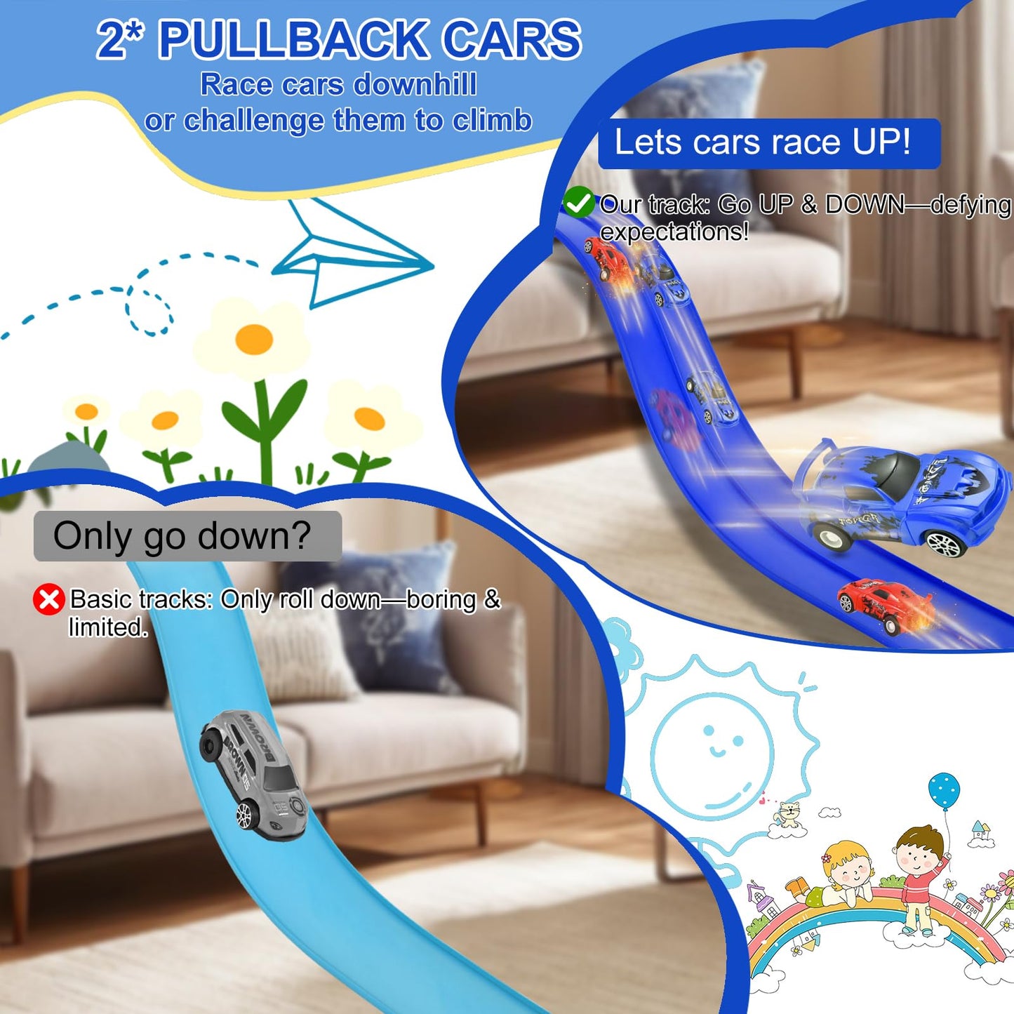 Vlkslasy 20ft Flexible Race Track with 4 Cars — Portable DIY Ramp, Suction Cups, Ages 3+