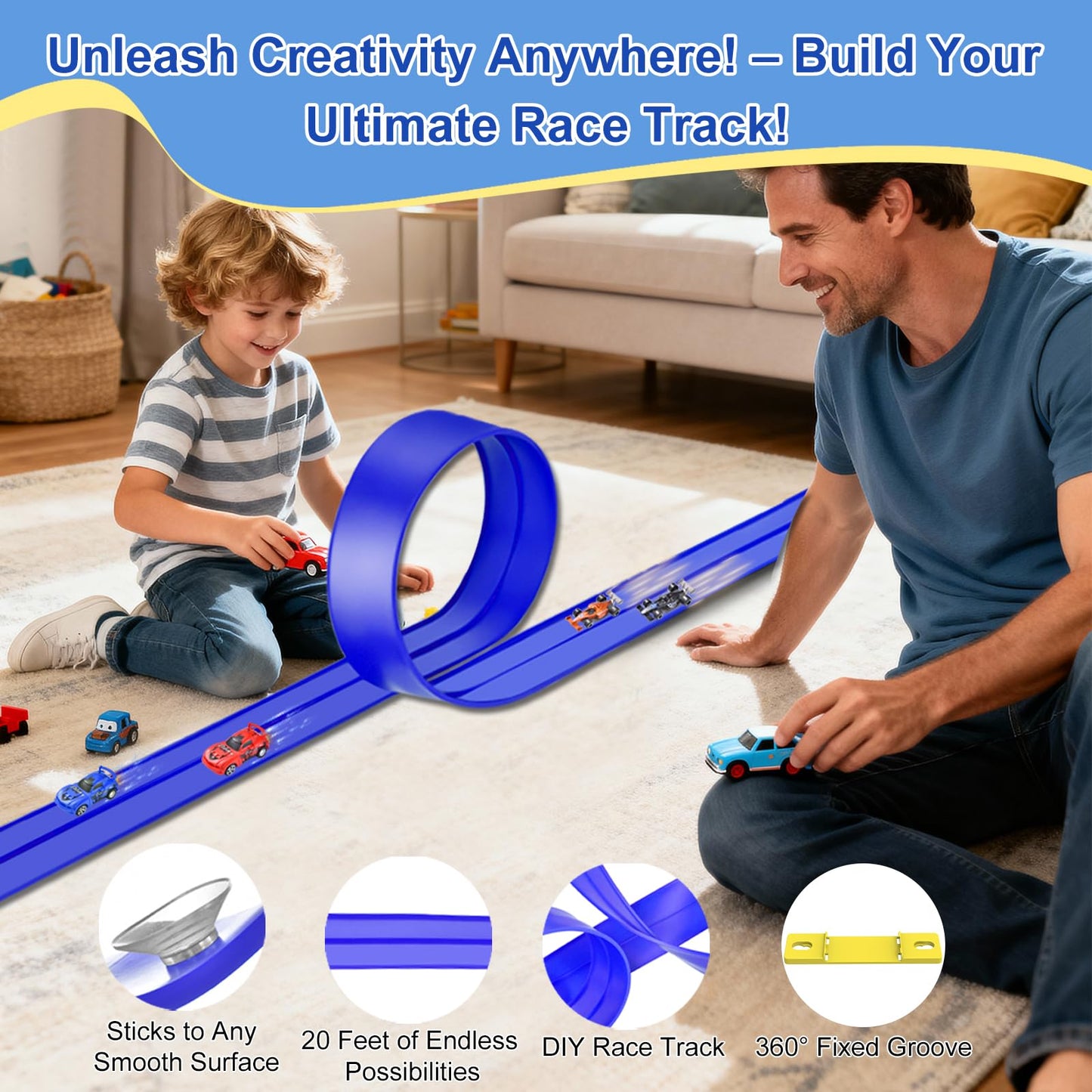 Vlkslasy 20ft Flexible Race Track with 4 Cars — Portable DIY Ramp, Suction Cups, Ages 3+