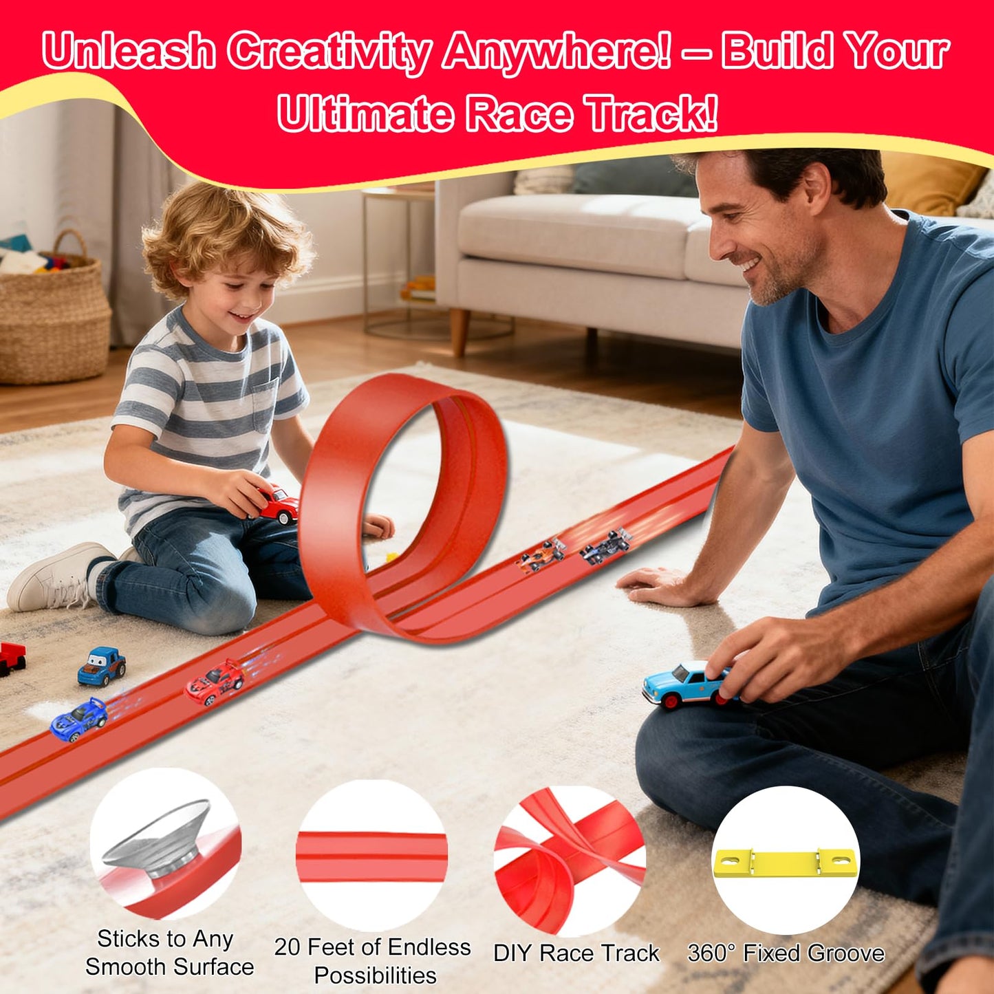 Vlkslasy Flexible Race Track Toys — 20 ft Roll-Up DIY Racetrack with Suction Cups and 4 Cars