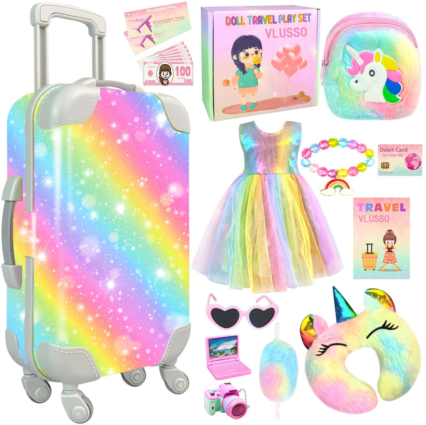 VLUSSO 19Pcs 18-Inch Doll Travel Accessories Case – Luggage Set with Clothes, Camera & Pillow