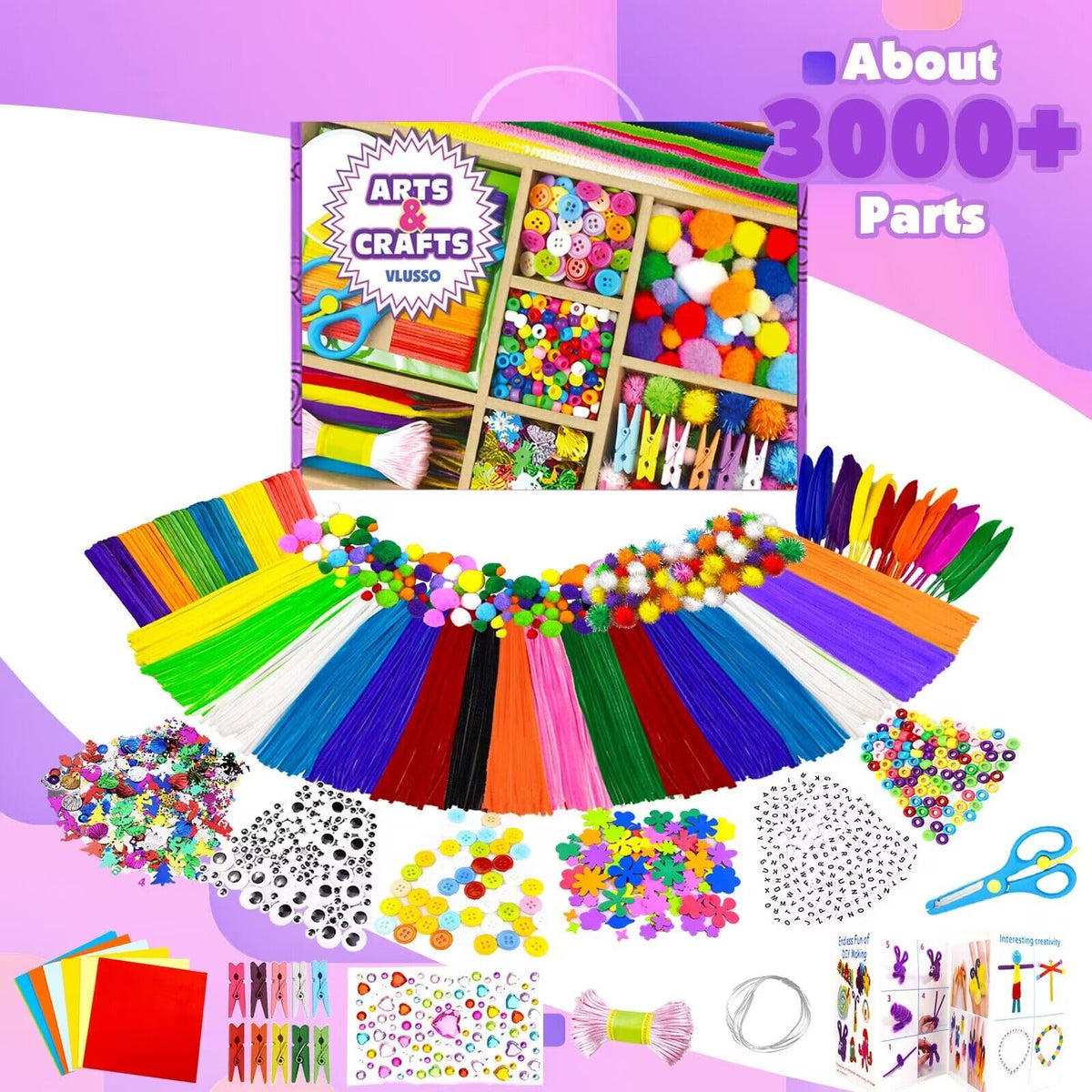 VLUSSO 3000Pcs DIY Arts & Crafts Kit for Kids – All-in-One Craft Set for Ages 4-12