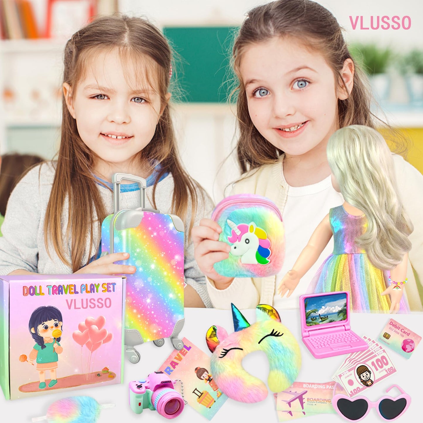 VLUSSO 19Pcs 18-Inch Doll Travel Accessories Case – Luggage Set with Clothes, Camera & Pillow