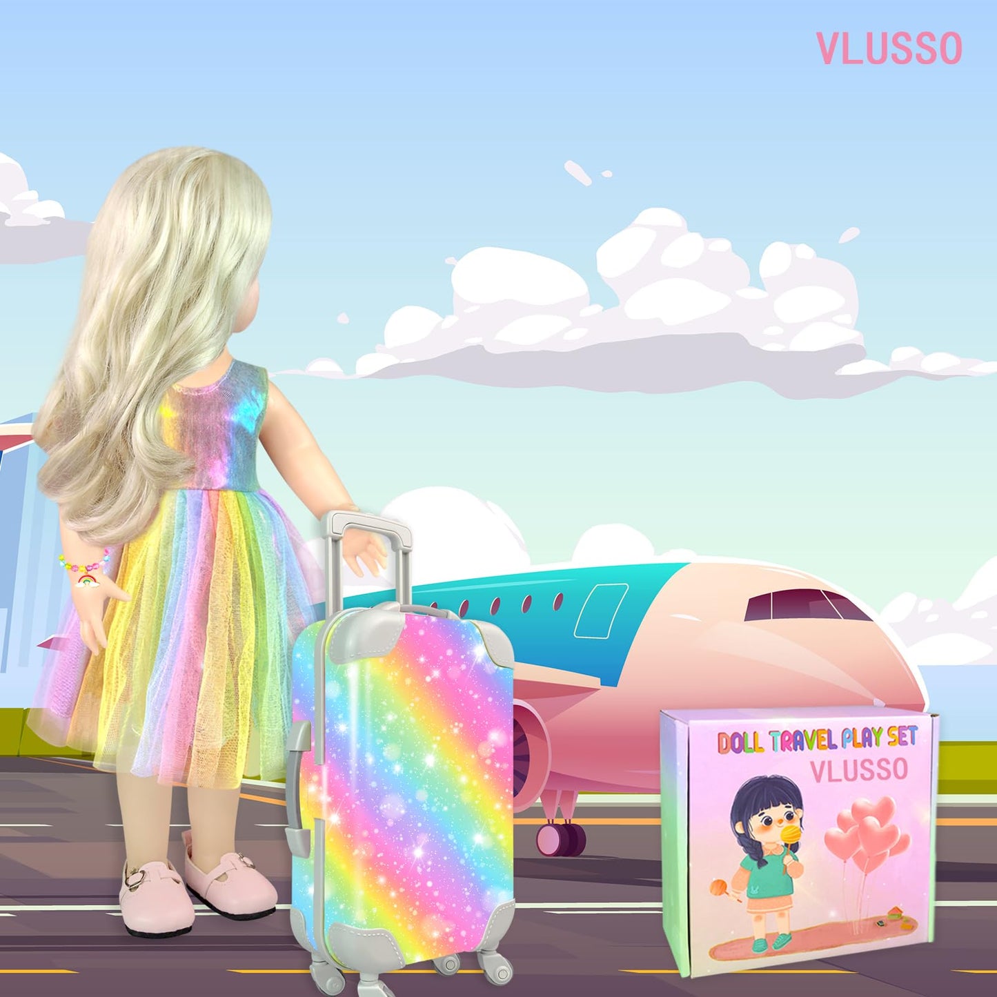 VLUSSO 19Pcs 18-Inch Doll Travel Accessories Case – Luggage Set with Clothes, Camera & Pillow