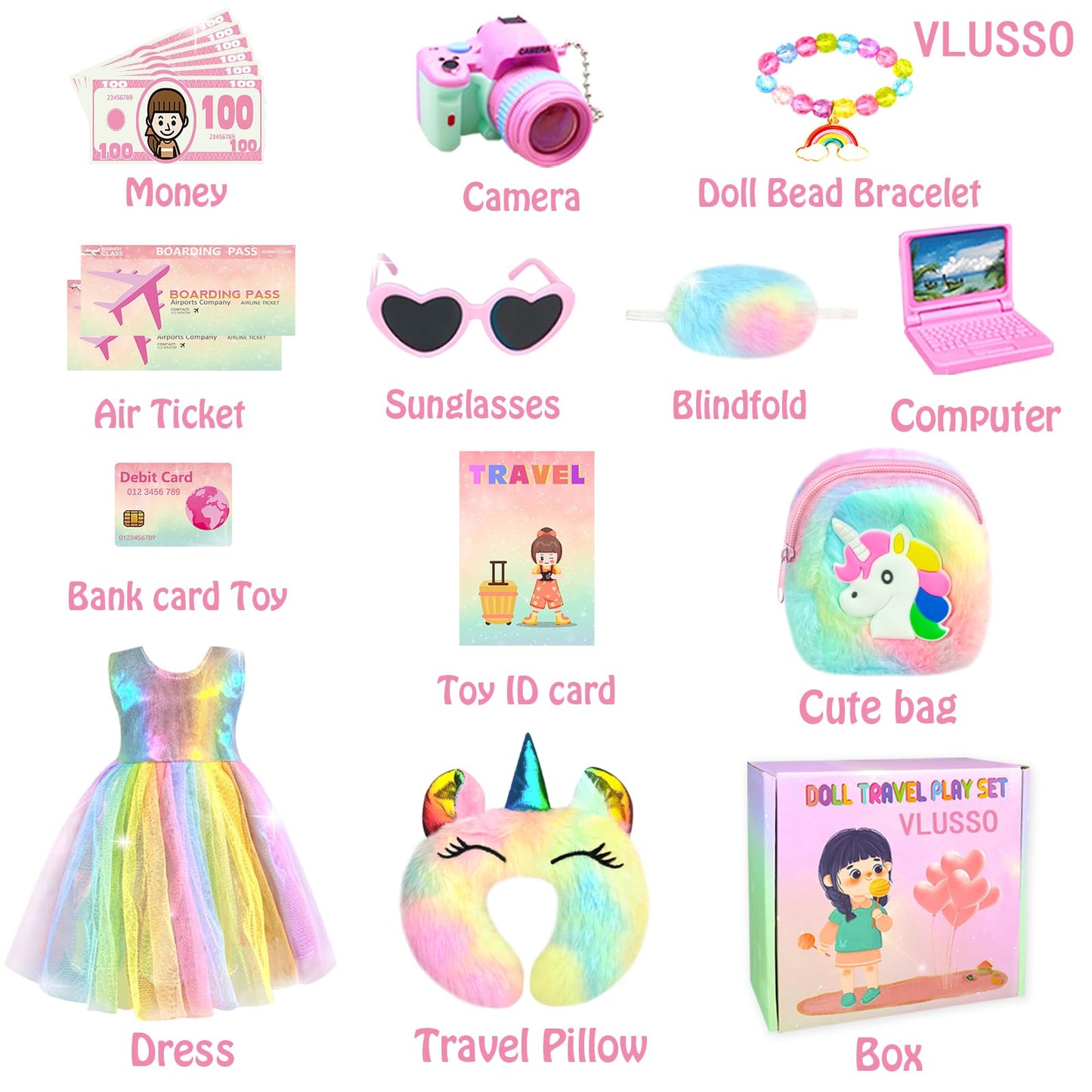 VLUSSO 19Pcs 18-Inch Doll Travel Accessories Case – Luggage Set with Clothes, Camera & Pillow