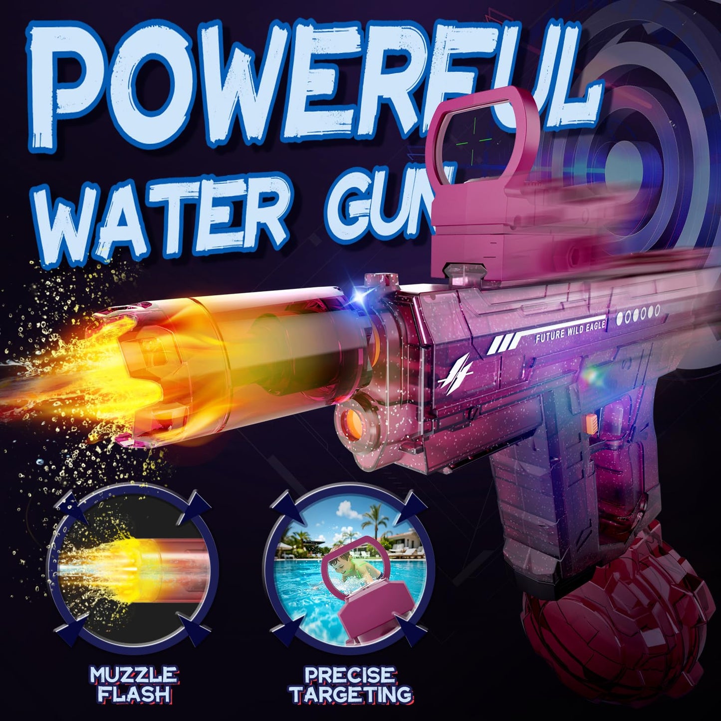Vmiya Electric Water Gun – Light-Up 800cc, 26–33 ft Range, Pink & Red