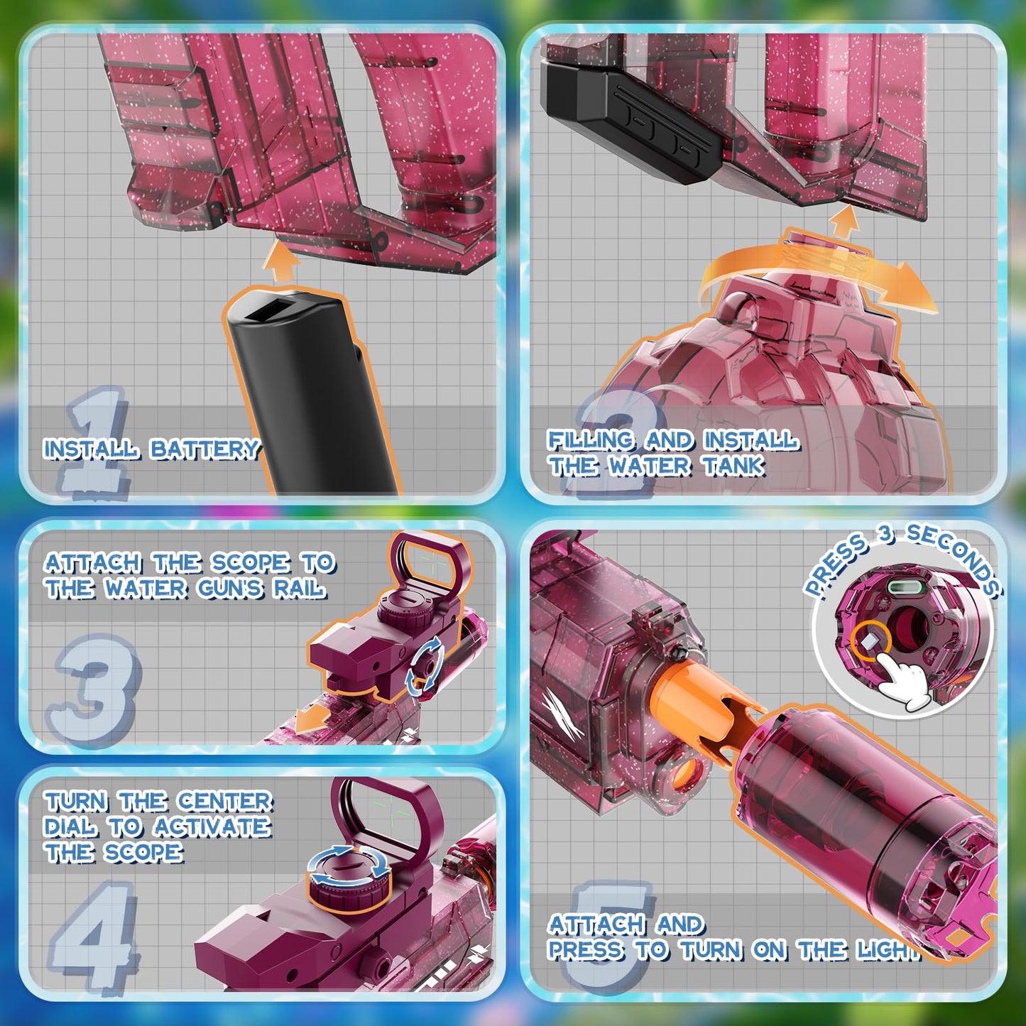 Vmiya Electric Water Gun – Light-Up 800cc, 26–33 ft Range, Pink & Red