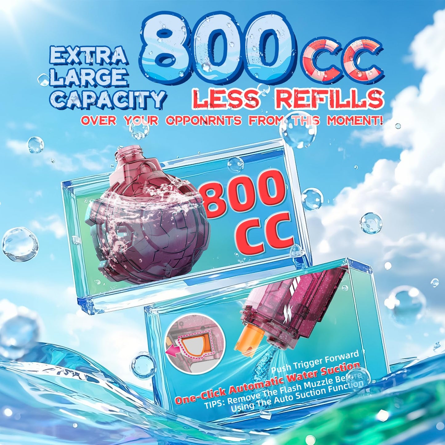Vmiya Electric Water Gun – Light-Up 800cc, 26–33 ft Range, Pink & Red