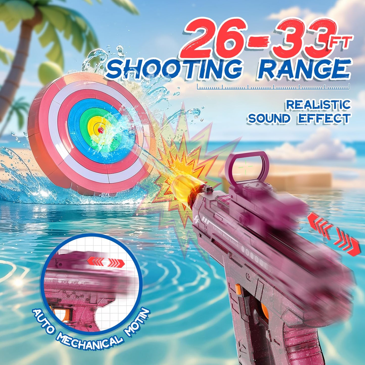 Vmiya Electric Water Gun – Light-Up 800cc, 26–33 ft Range, Pink & Red