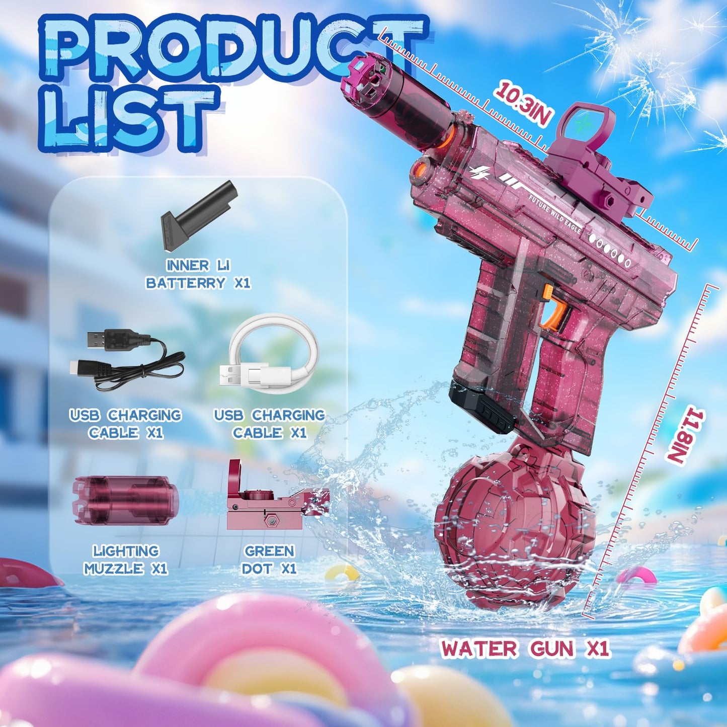 Vmiya Electric Water Gun – Light-Up 800cc, 26–33 ft Range, Pink & Red