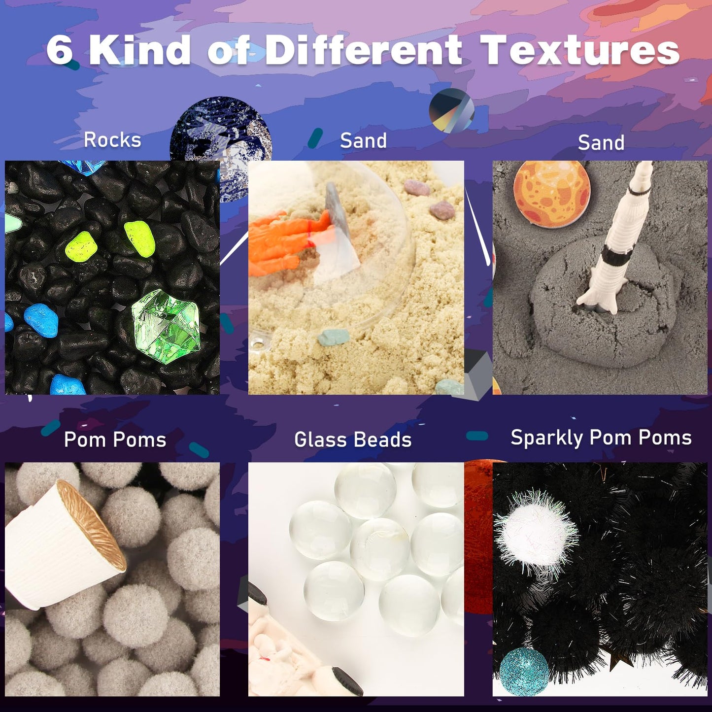 VMNlooking Space Themed Sensory Bin Filler – 9 Planets, 6 Textures, 4 Bins for Kids