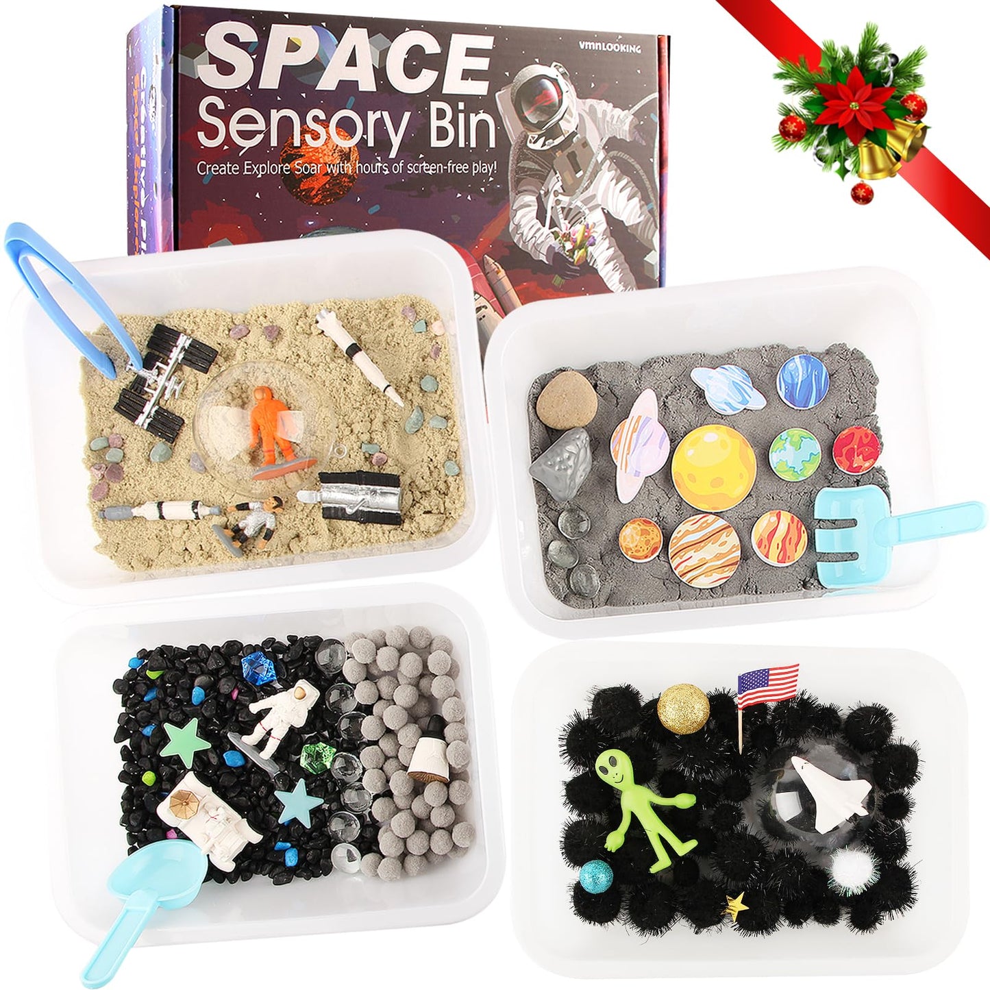 VMNlooking Space Themed Sensory Bin Filler – 9 Planets, 6 Textures, 4 Bins for Kids