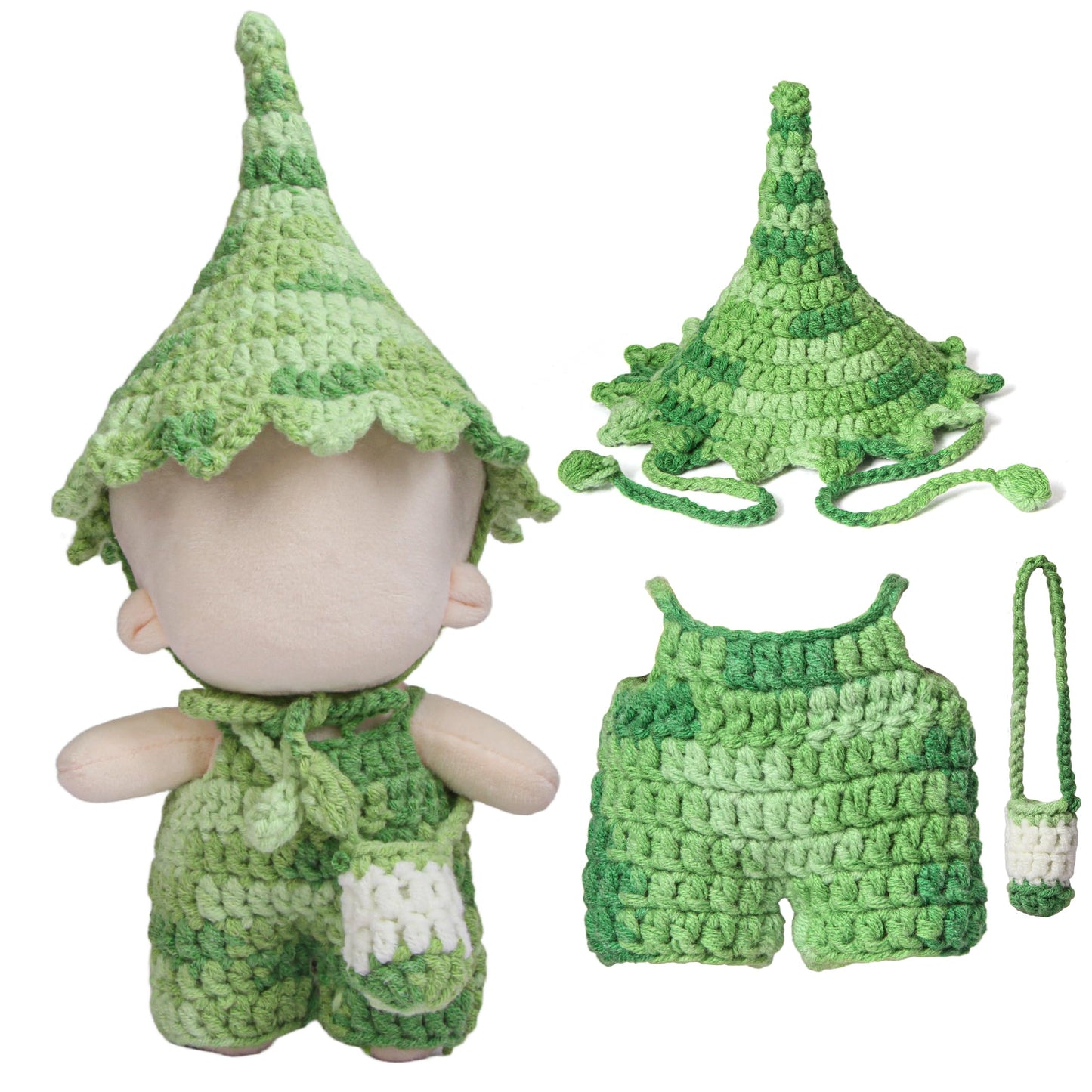 Voccim Handmade Crochet Elf Clothes for 17cm Dolls – Jumpsuit, Hat & Crossbody Bag (Green)