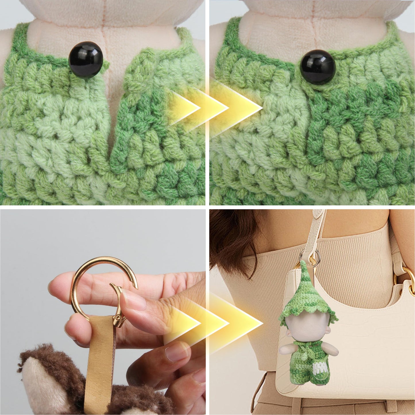 Voccim Handmade Crochet Elf Clothes for 17cm Dolls – Jumpsuit, Hat & Crossbody Bag (Green)