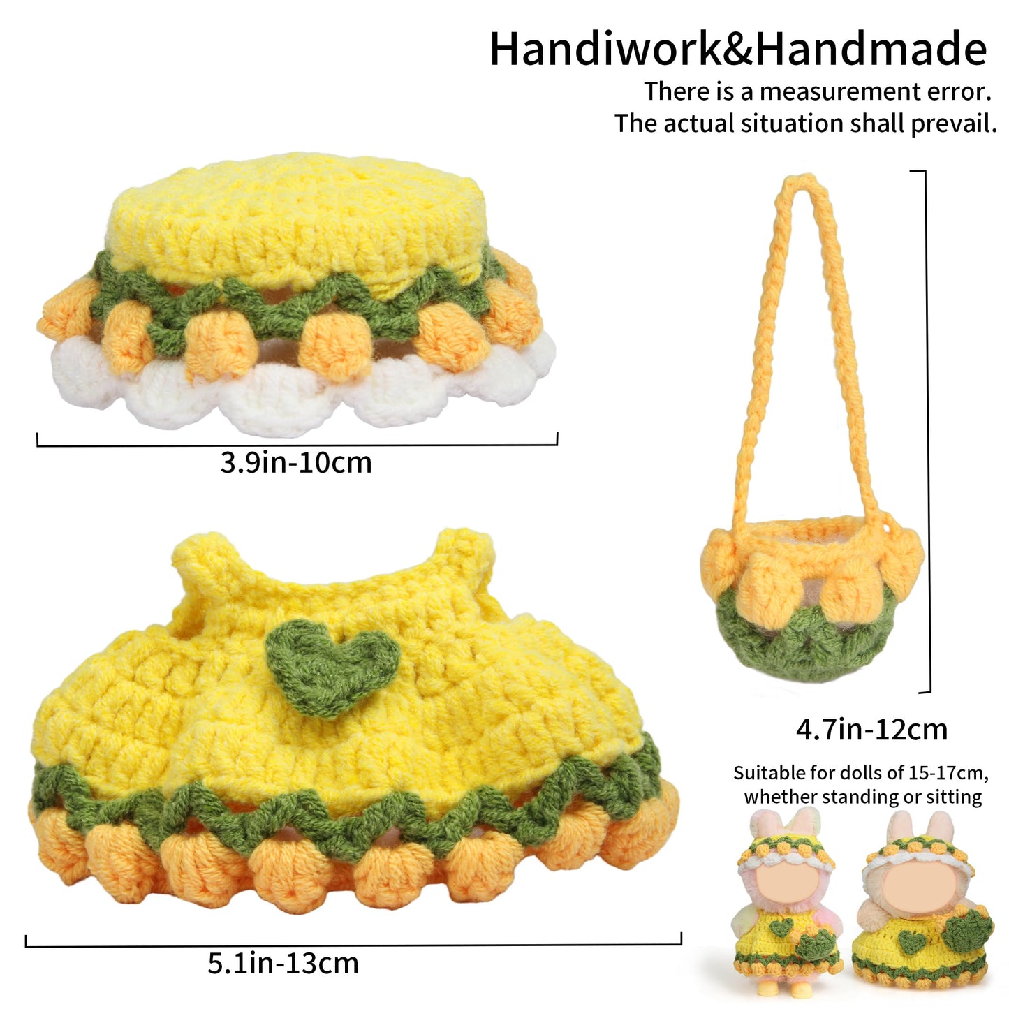 Voccim Handmade 17cm Doll Clothes Set – Woolen Tulip Dress, Flower Hat & Bag