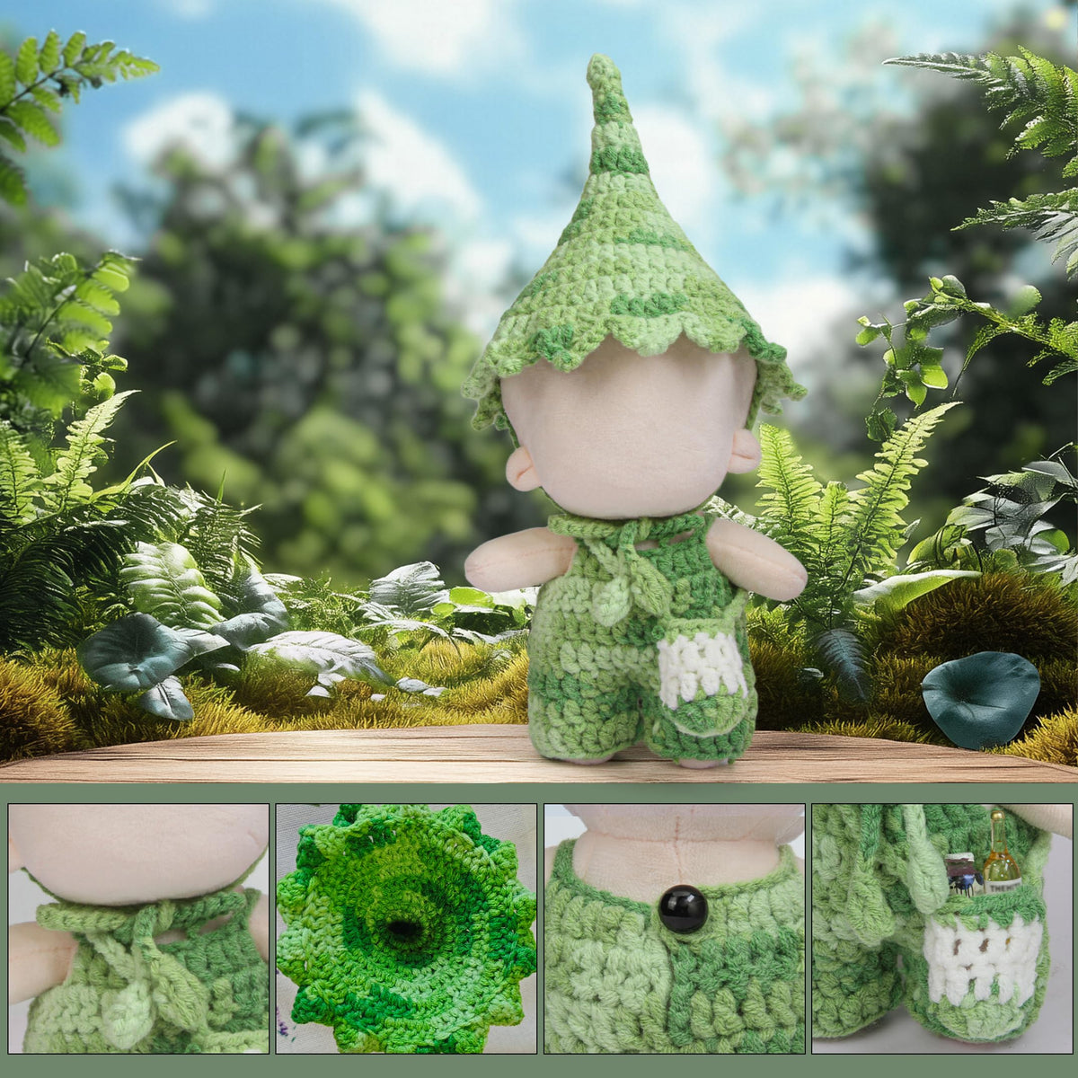 Voccim Handmade Crochet Elf Clothes for 17cm Dolls – Jumpsuit, Hat & Crossbody Bag (Green)