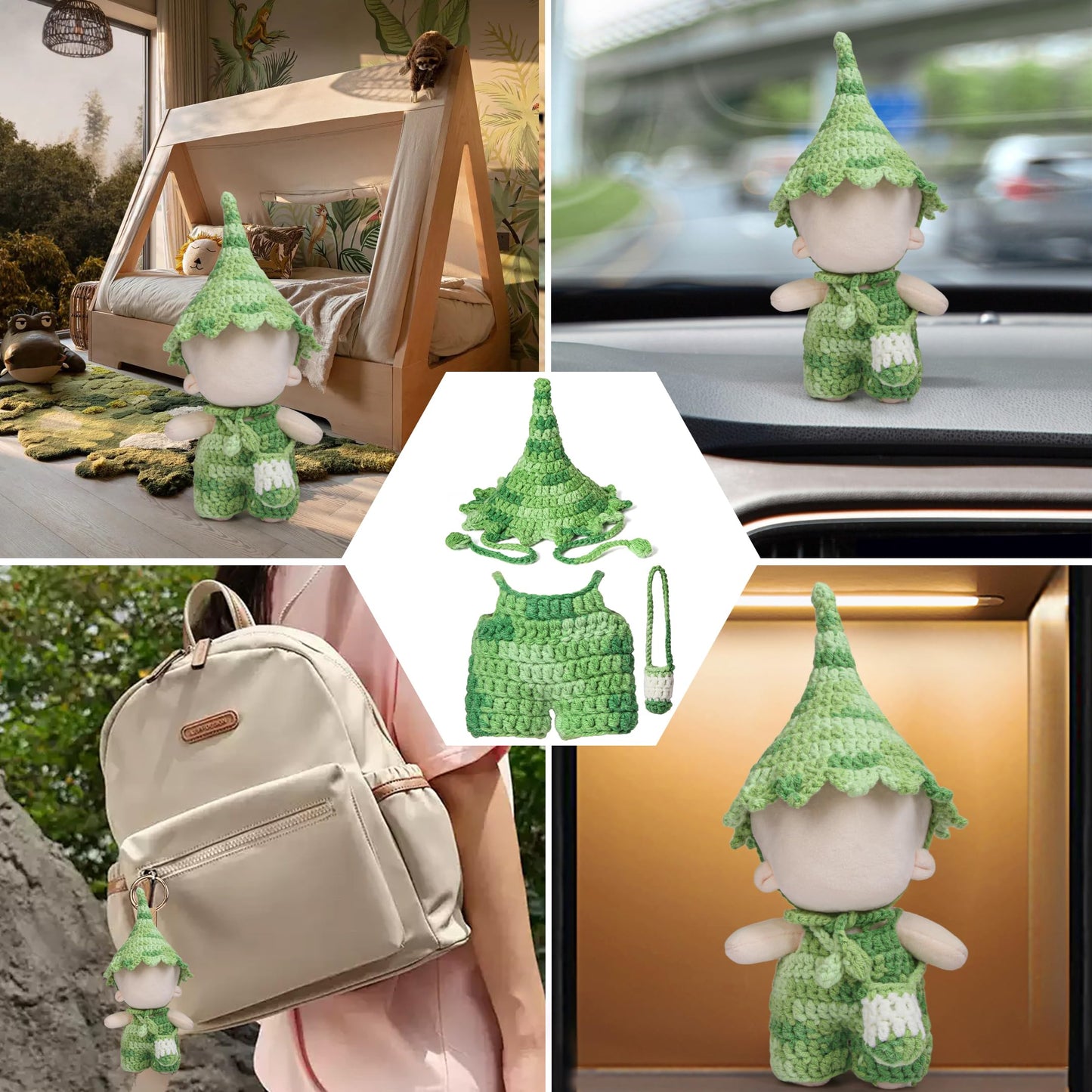 Voccim Handmade Crochet Elf Clothes for 17cm Dolls – Jumpsuit, Hat & Crossbody Bag (Green)