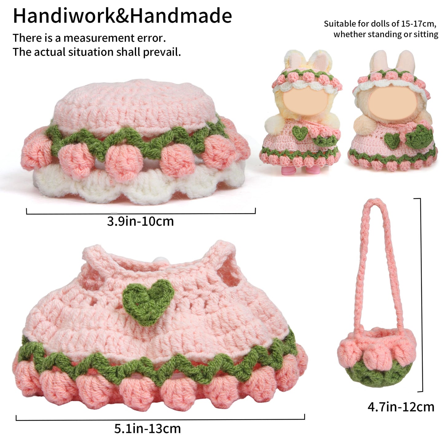 Voccim Handmade Crochet 17cm Doll Clothes – 3-Piece Set with Hats & Bag (Pink)