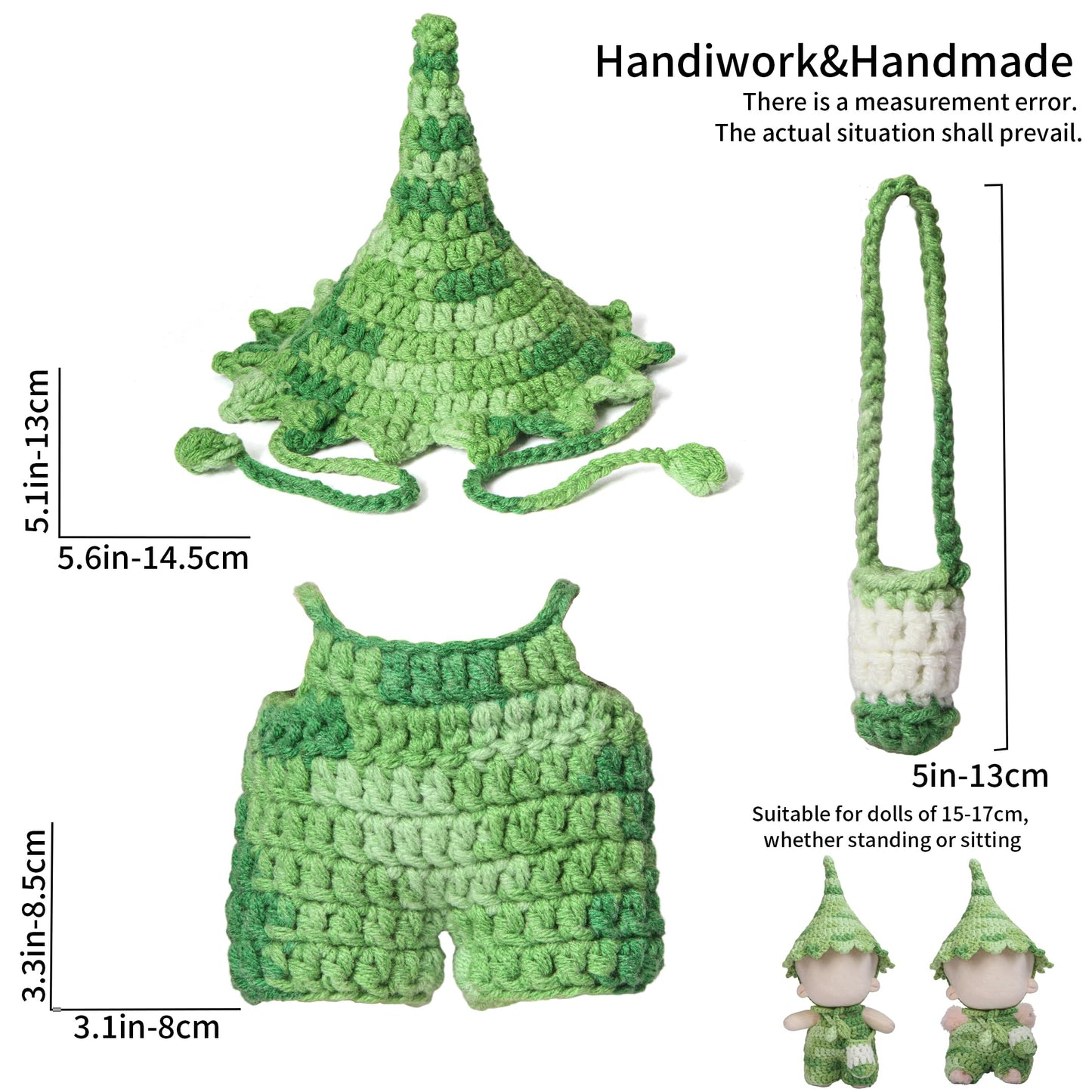 Voccim Handmade Crochet Elf Clothes for 17cm Dolls – Jumpsuit, Hat & Crossbody Bag (Green)