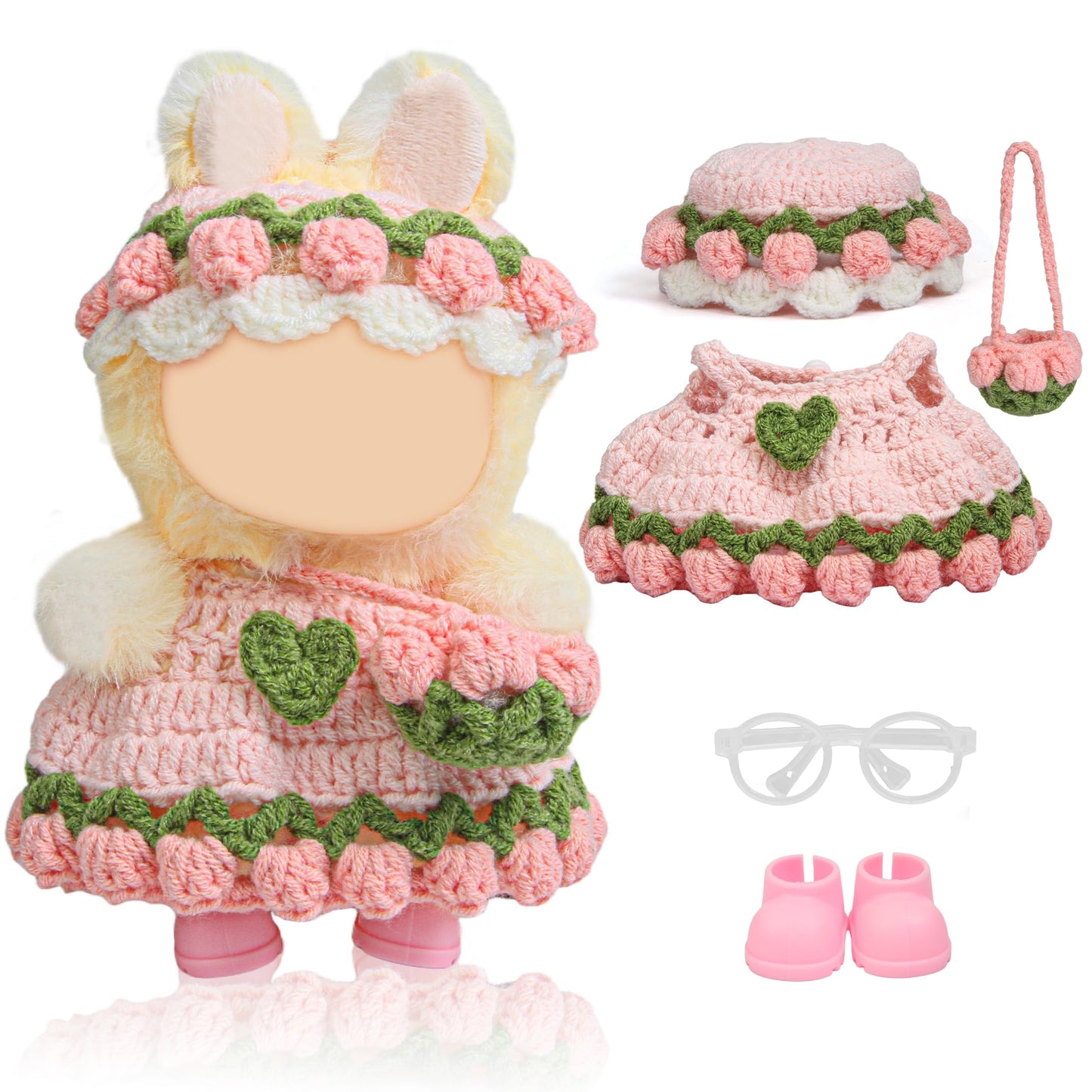 Voccim Handmade Crochet 17cm Doll Clothes – 3-Piece Set with Hats & Bag (Pink)