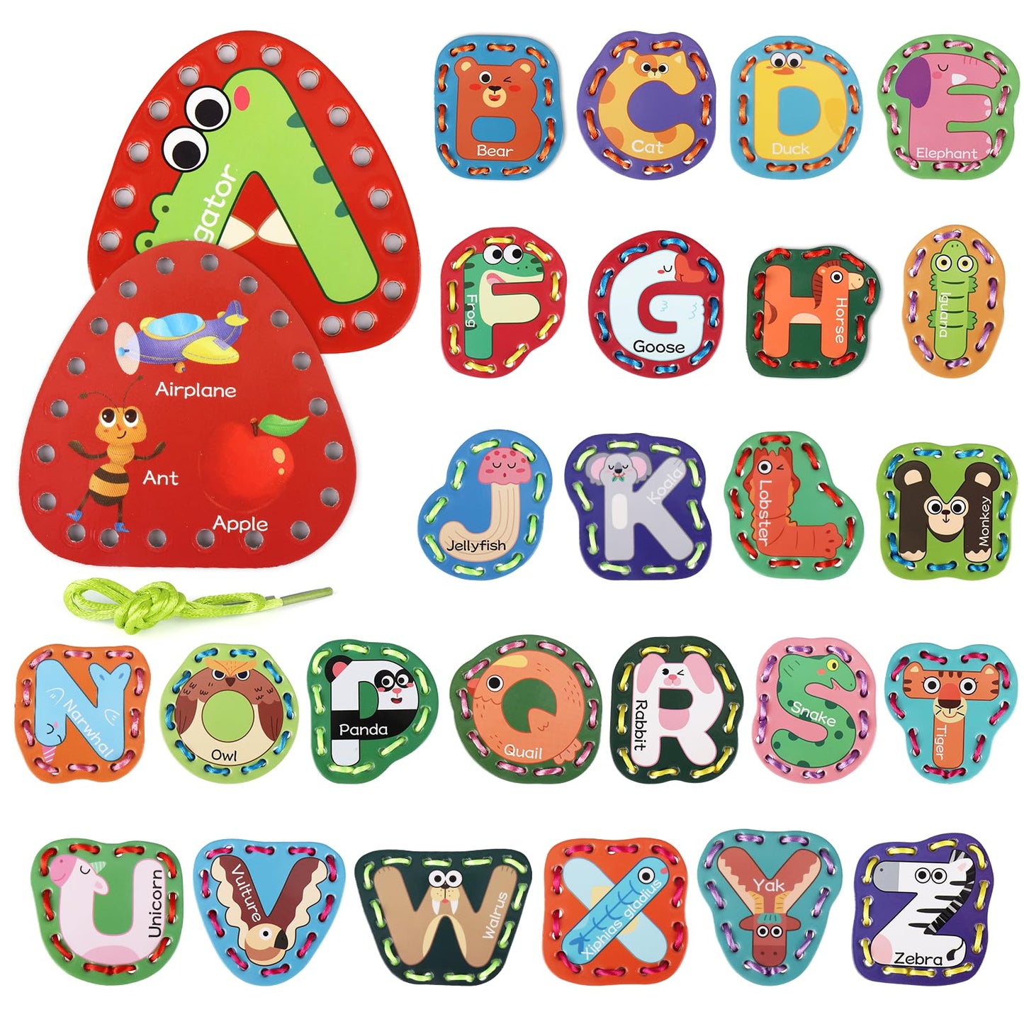 Vodolo 26-Pieces Lacing Cards Travel Sewing Kit for Kids | Letters Sequencing & Fine Motor Learning