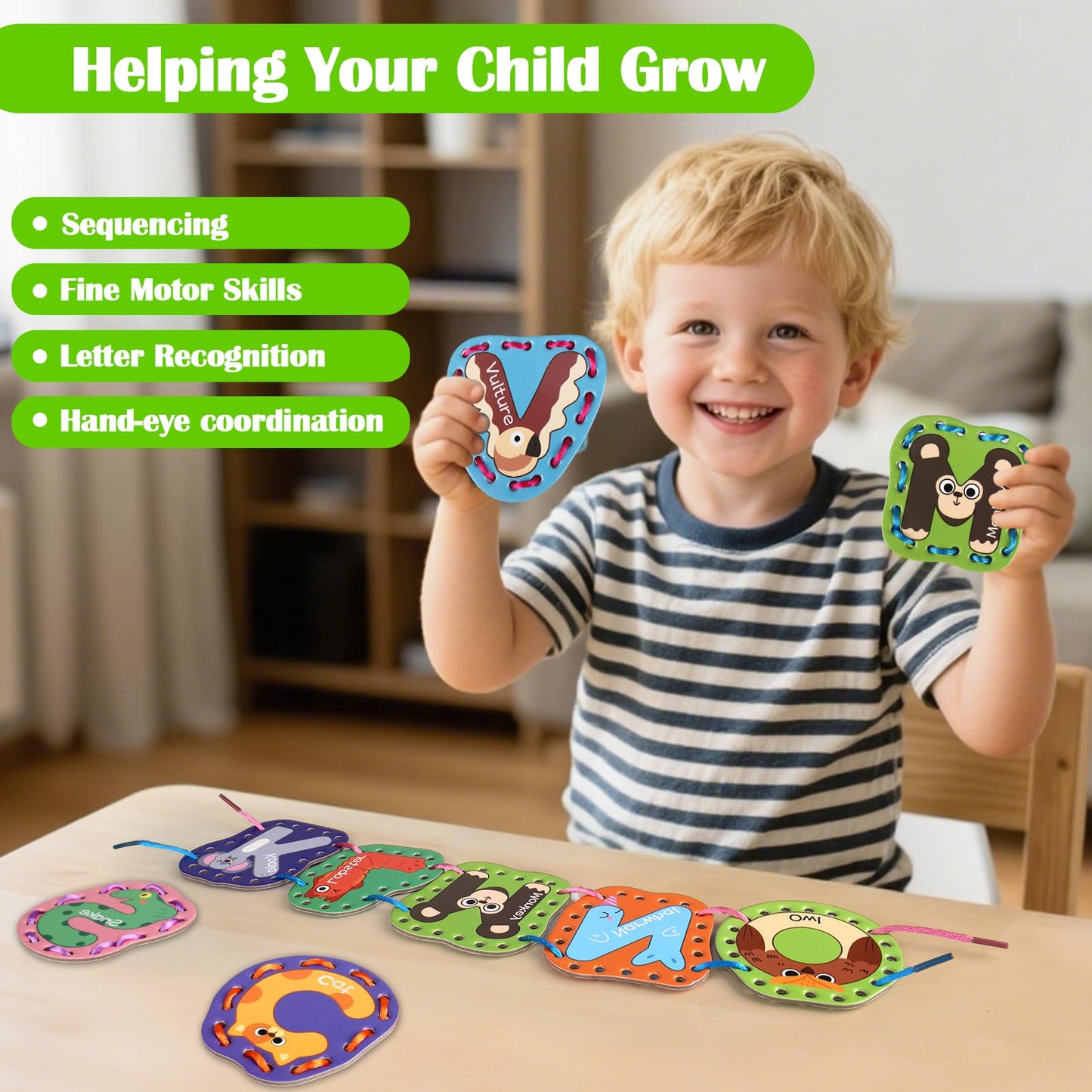 Vodolo 26-Pieces Lacing Cards Travel Sewing Kit for Kids | Letters Sequencing & Fine Motor Learning