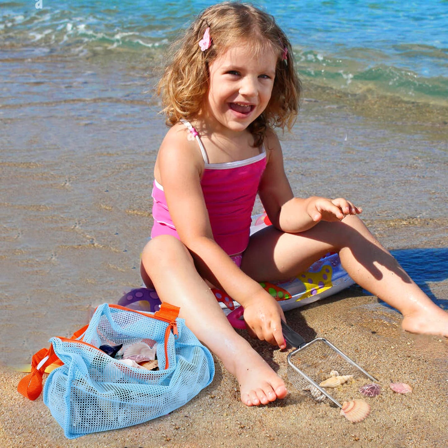 Vodolo 2-Piece Beach Mesh Shovel Set with 2 Mesh Bags | Shell & Fossil Sifter for Beach Adventures