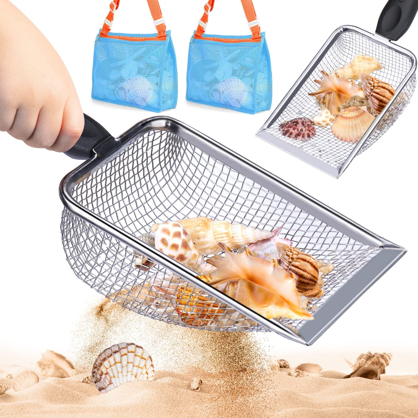 Vodolo 2-Piece Beach Mesh Shovel Set with 2 Mesh Bags | Shell & Fossil Sifter for Beach Adventures