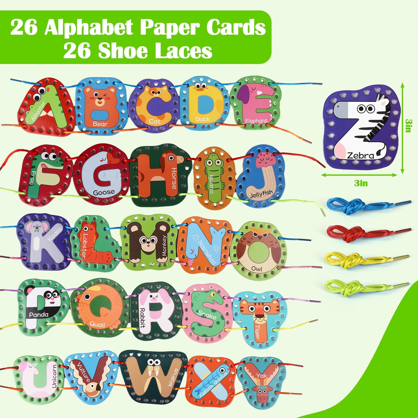 Vodolo 26-Pieces Lacing Cards Travel Sewing Kit for Kids | Letters Sequencing & Fine Motor Learning