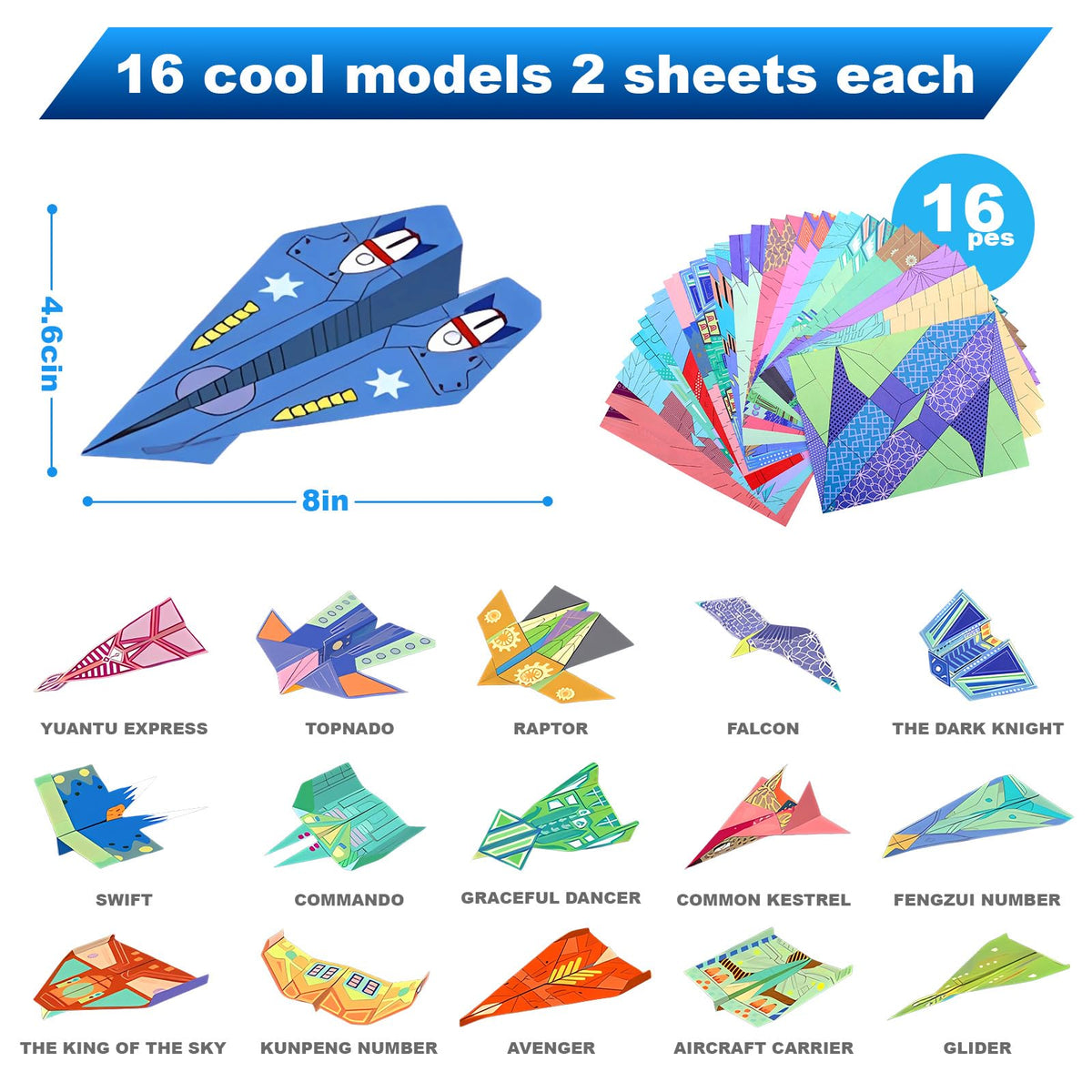 Vodolo Paper Airplane Kit: 16 Classic Designs, 32 Sheets for Kids 5-12