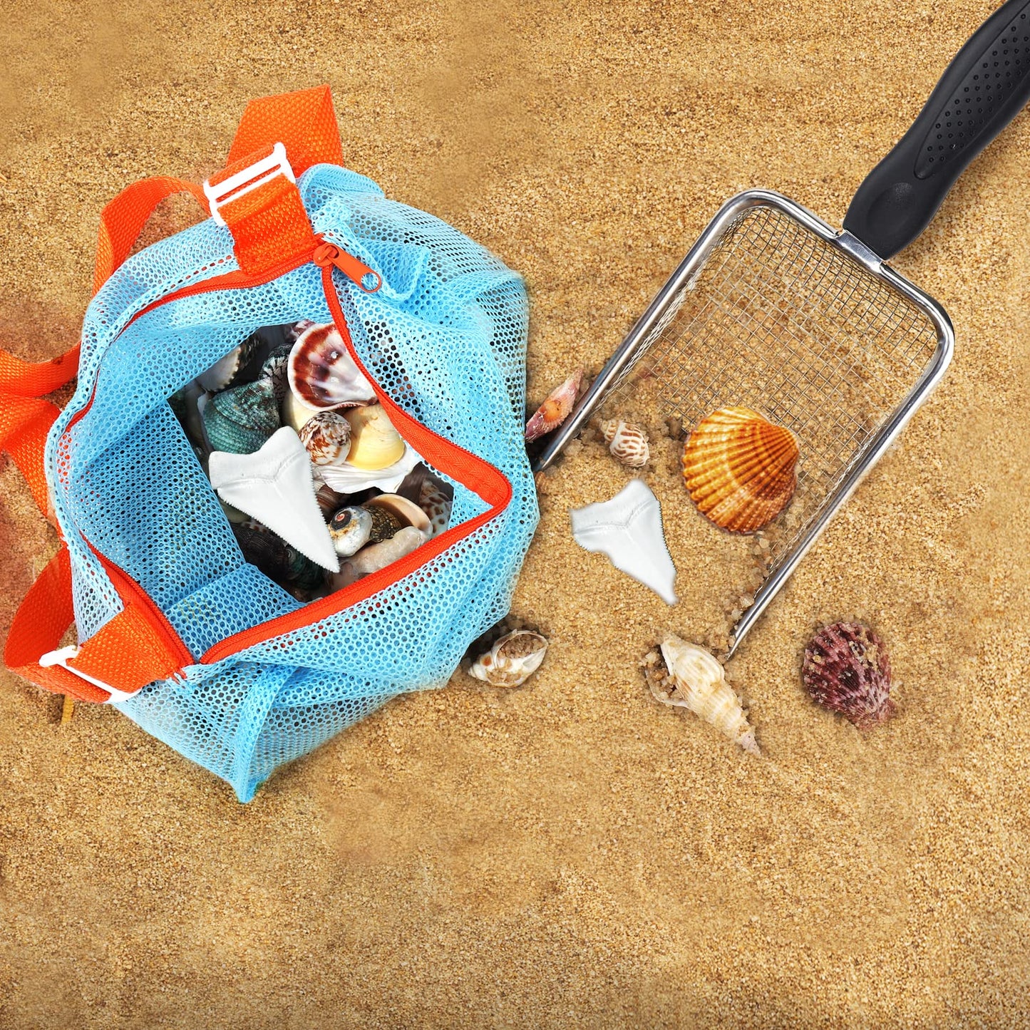 Vodolo 2-Piece Beach Mesh Shovel Set with 2 Mesh Bags | Shell & Fossil Sifter for Beach Adventures