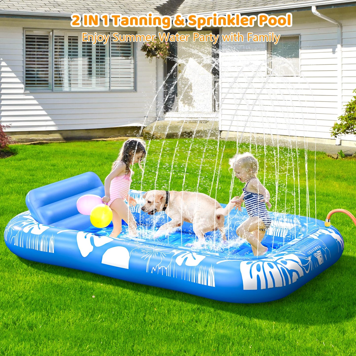Voice-tank Inflatable Tanning Pool Lounger with Sprinkler — 77 x 48 in, 6-in-1 Float