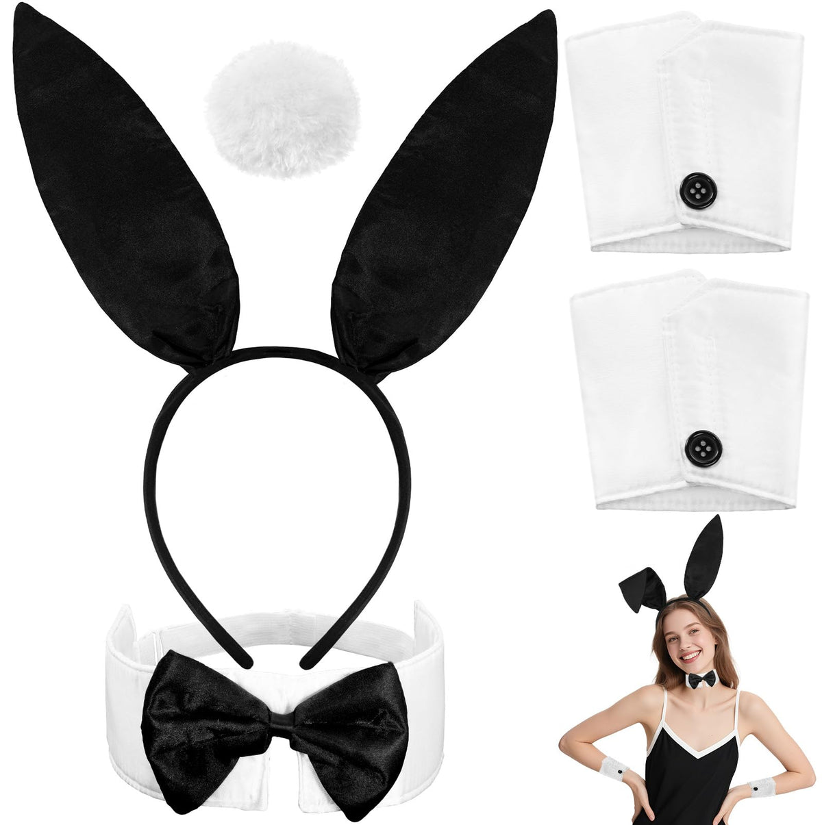 Voiiake Bunny Ears Headband, Bow Tie, Cuffs & Tail – Women’s Halloween Accessories