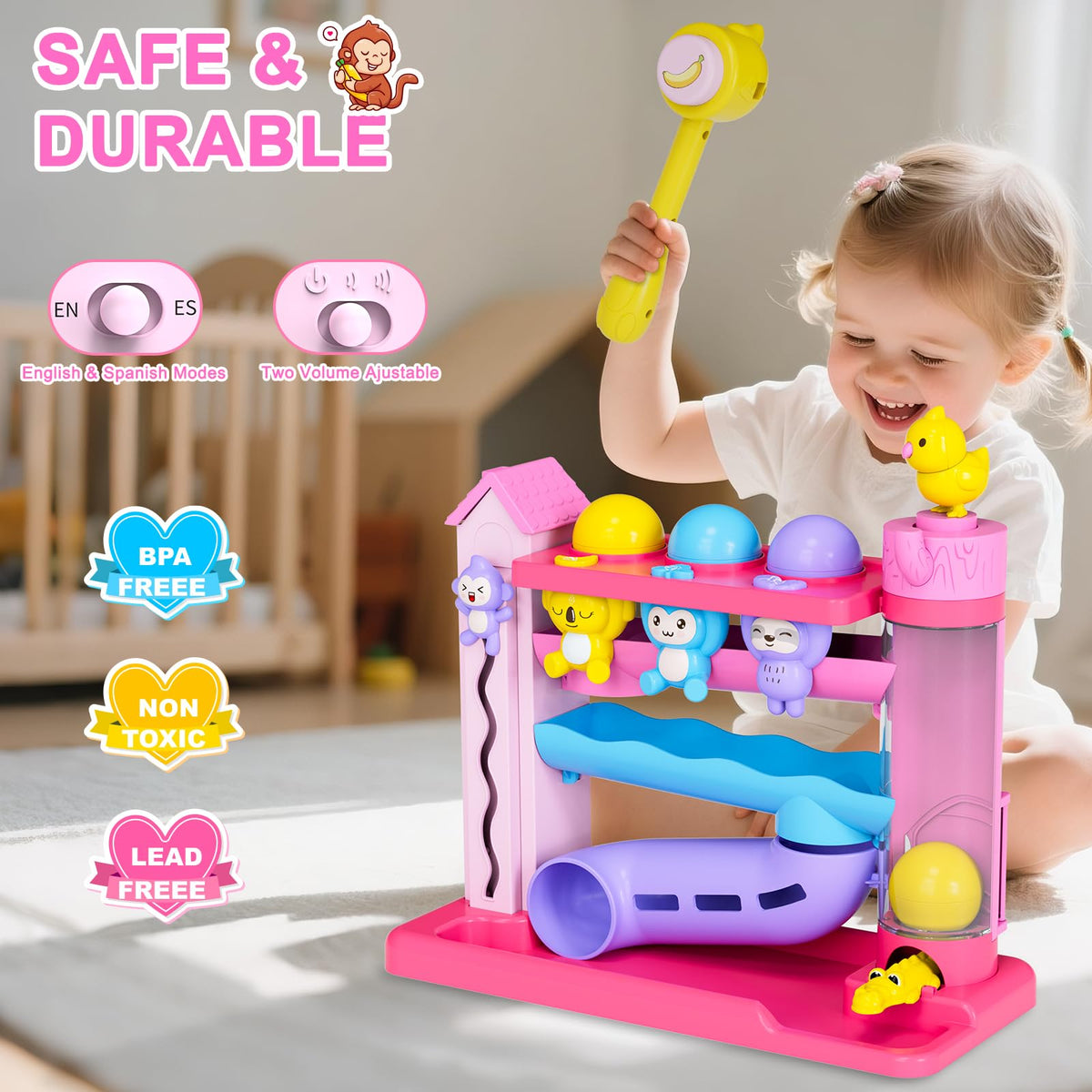 VOILBTOY Musical Ball Drop Toy for Toddlers 1-3 | Pink, Bilingual English & Spanish