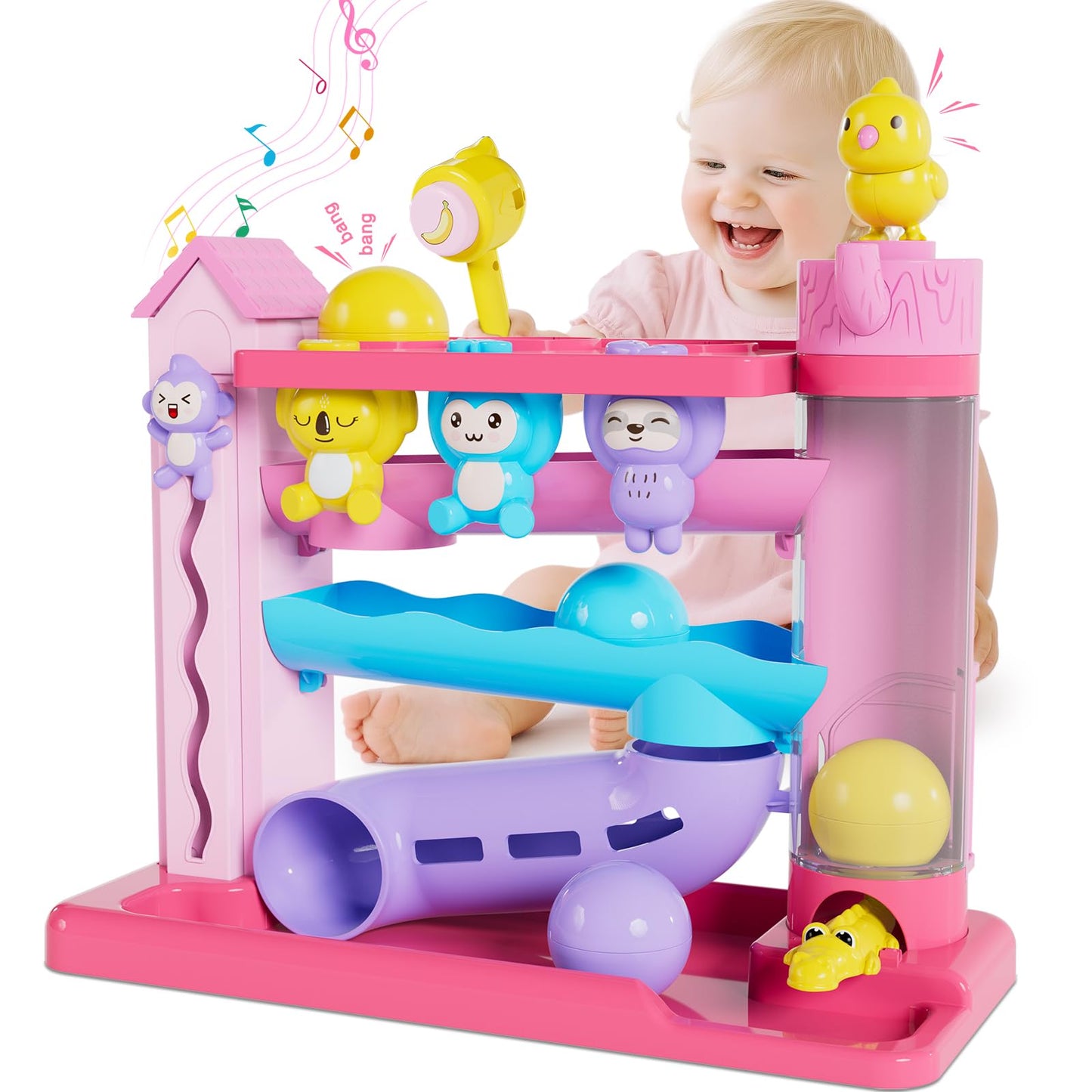 VOILBTOY Musical Ball Drop Toy for Toddlers 1-3 | Pink, Bilingual English & Spanish