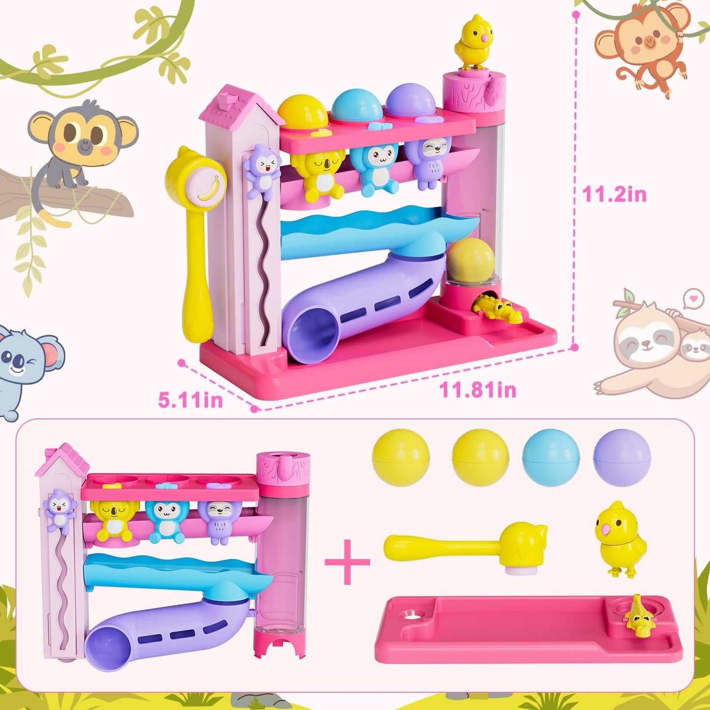 VOILBTOY Musical Ball Drop Toy for Toddlers 1-3 | Pink, Bilingual English & Spanish