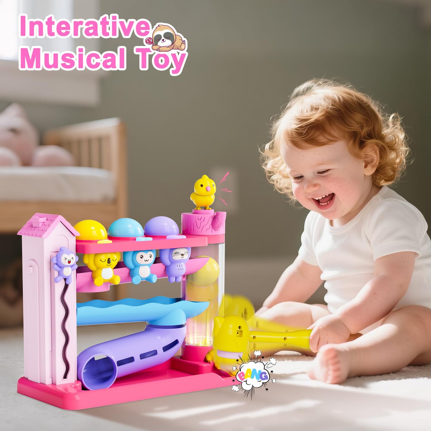 VOILBTOY Musical Ball Drop Toy for Toddlers 1-3 | Pink, Bilingual English & Spanish
