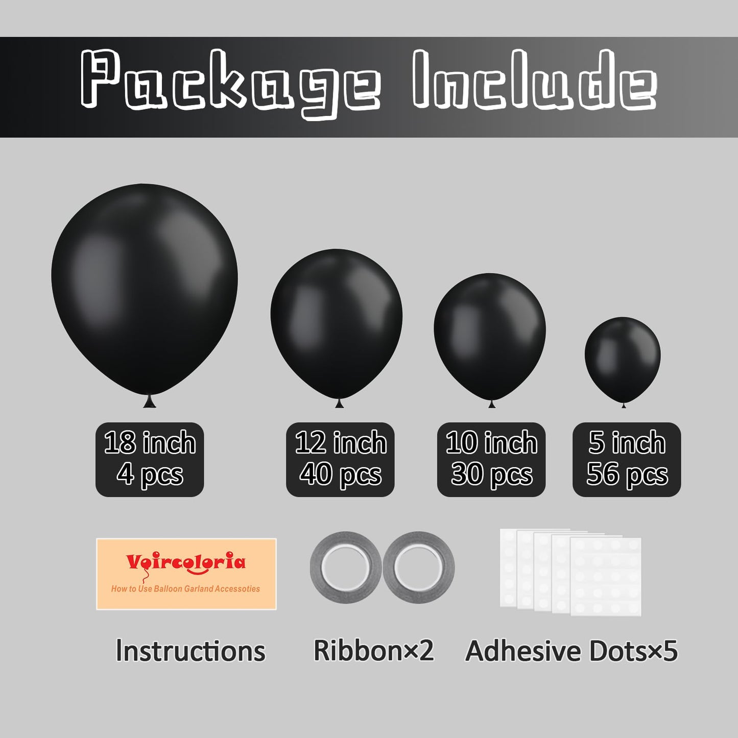 Voircoloria 130pcs Black Balloons Set – 5, 10, 12 & 18 Inch Latex Party Balloons
