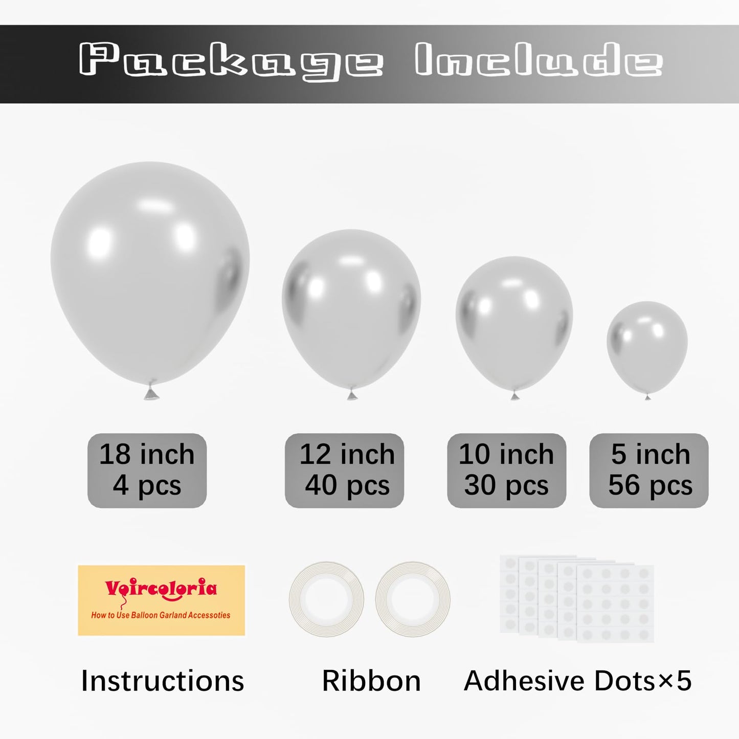 Voircoloria 130pcs Metallic Silver Balloon Garland Arch Kit – Chrome Balloons for Graduation, Birthday, Baby Shower, Wedding