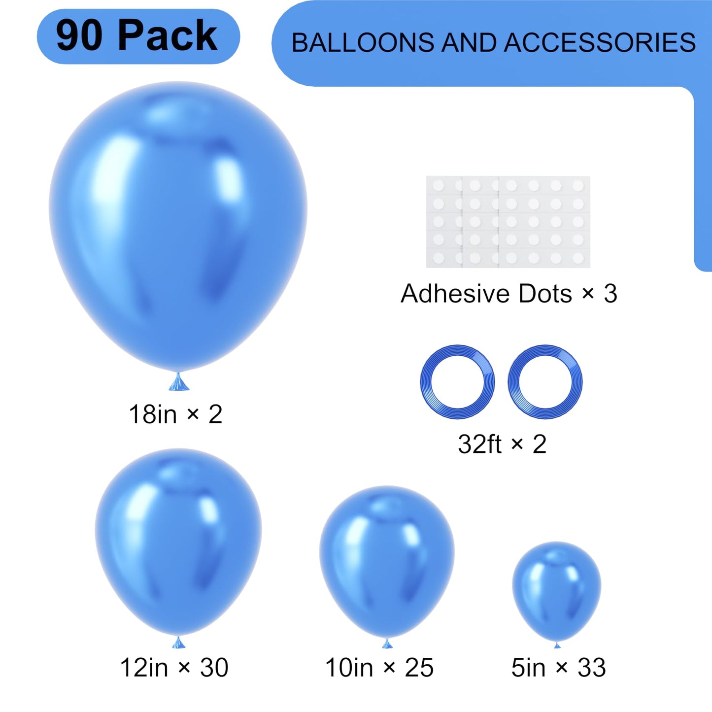 Voircoloria 90-Pack Metcllic Blue Balloon Garland Kit – 18/12/10/5 Inch for Weddings, Graduations & Parties