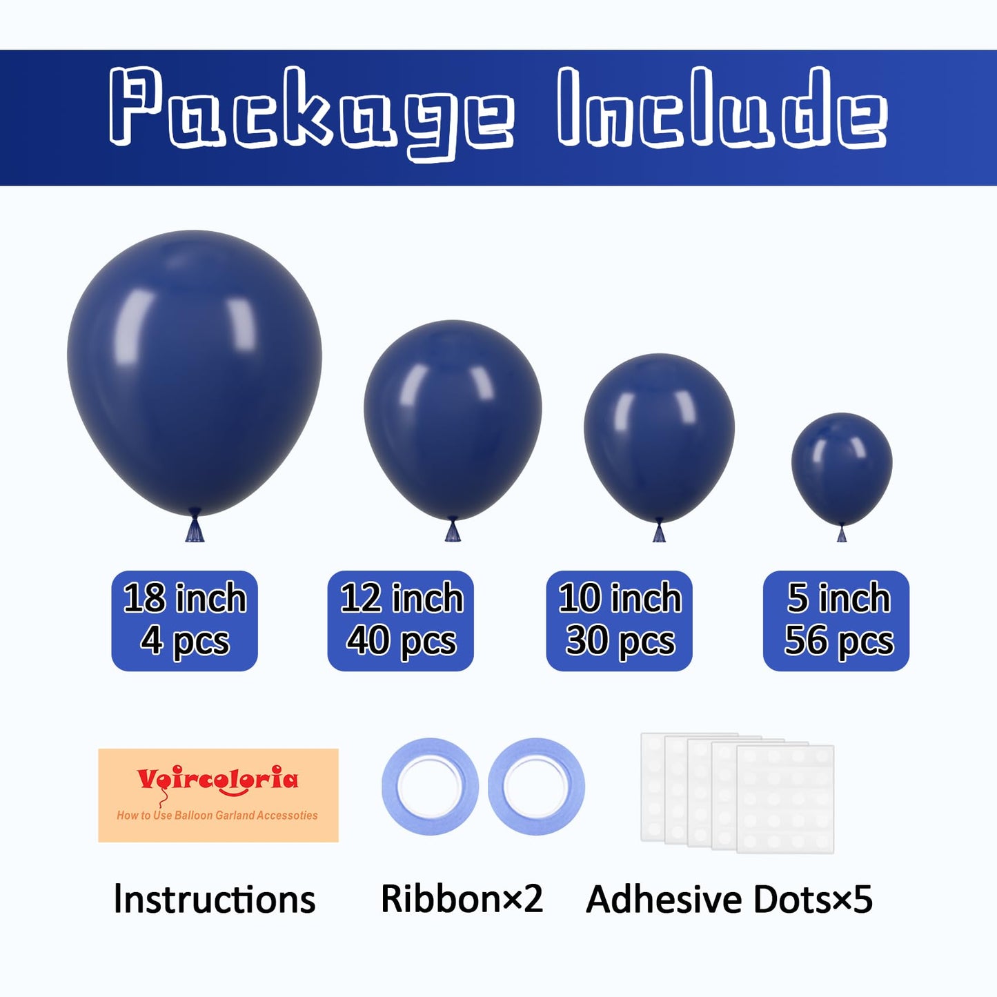 Voircoloria 130pcs Navy Blue Balloons Set – 5-inch, 10-inch, 12-inch, 18-inch for Parties