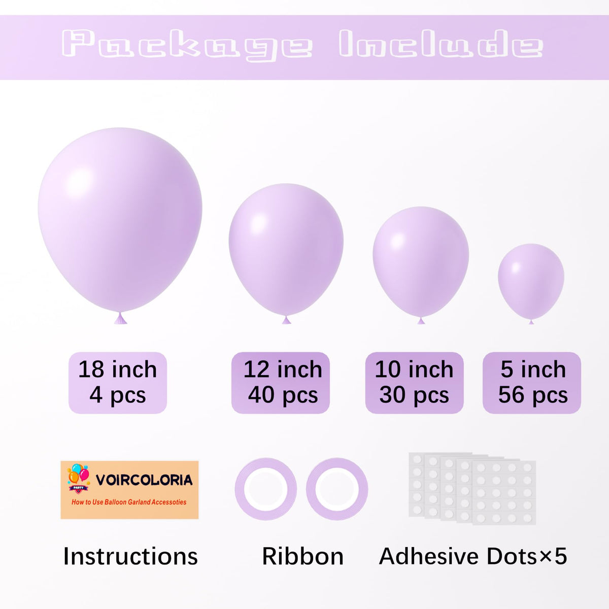 Voircoloria 130pcs Pastel Purple Balloon Garland Arch Kit – 18in/12in/10in/5in