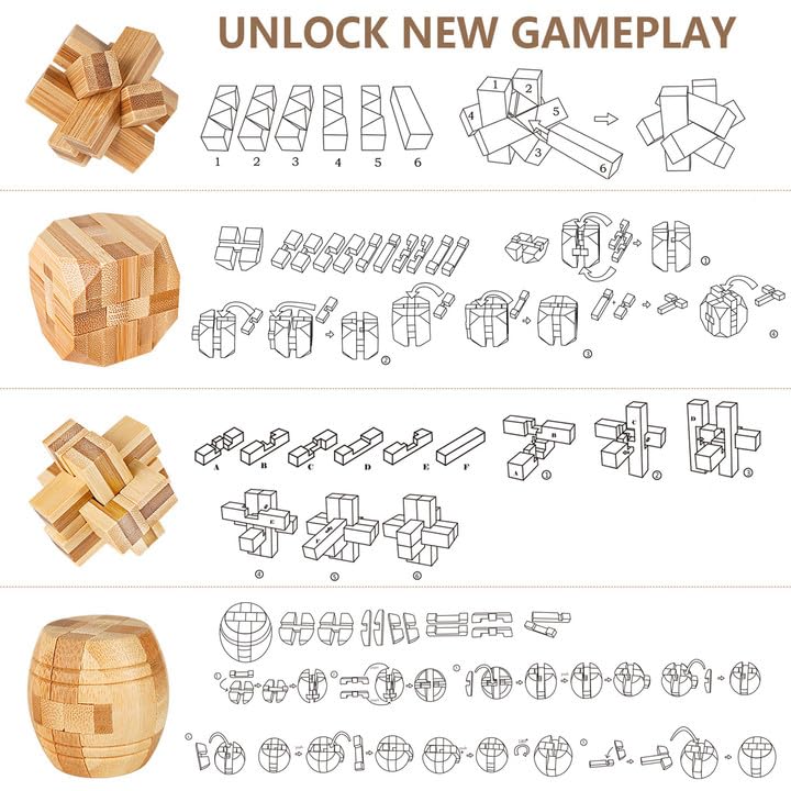 VolksRose 15pc Wooden Brain Teaser Puzzles – 3D Interlocking Mind Games Gift Set