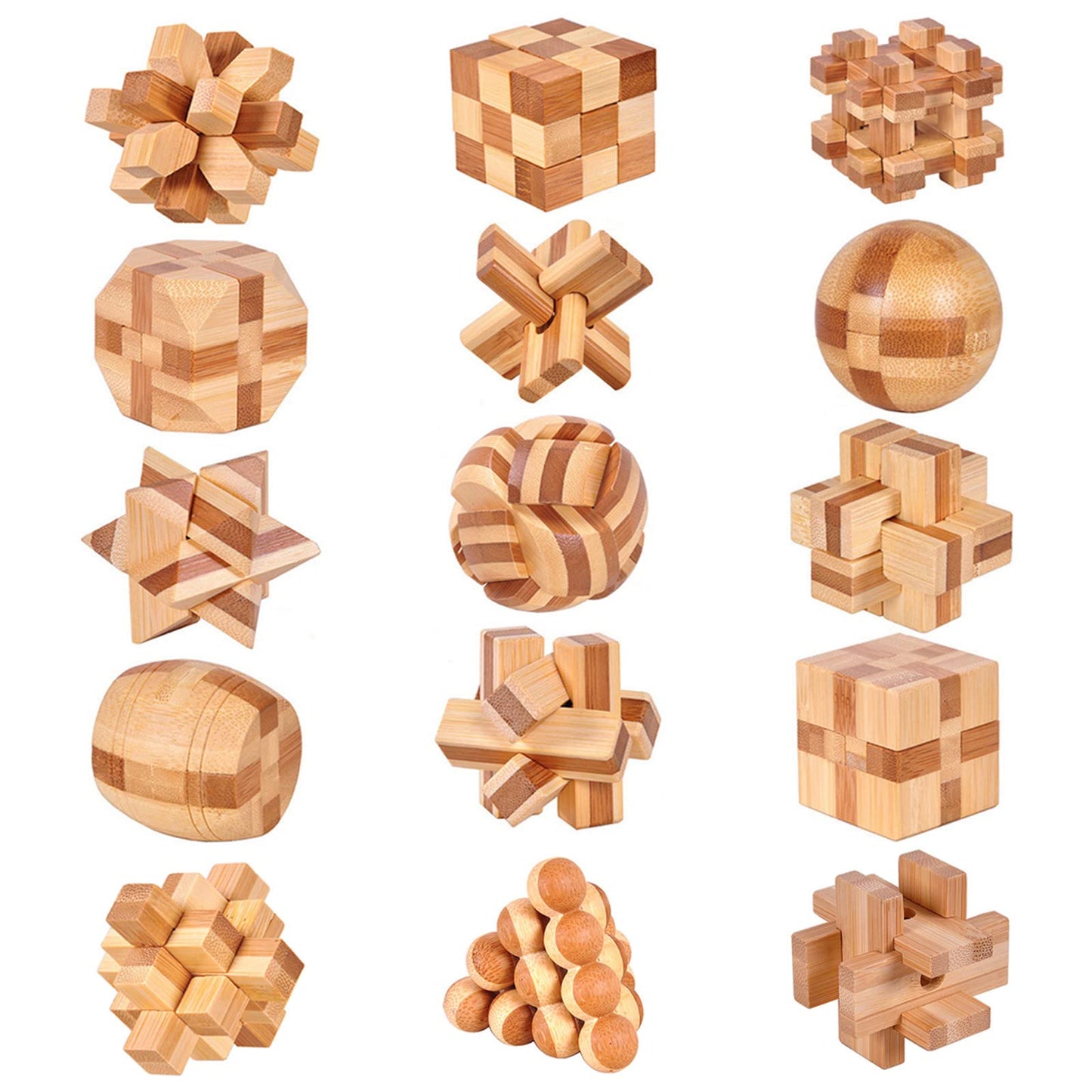VolksRose 15pc Wooden Brain Teaser Puzzles – 3D Interlocking Mind Games Gift Set